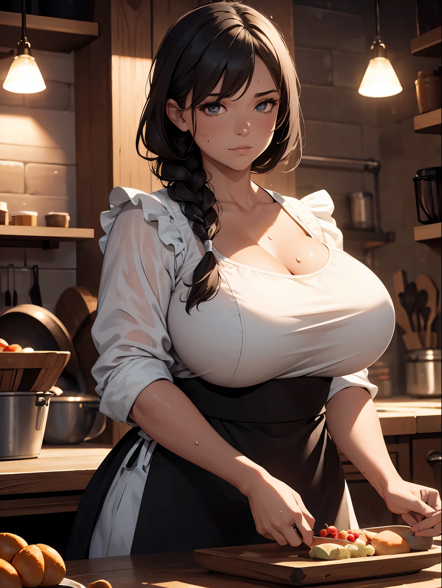 High detailed, 4k, Masterpiece, Cinematic Lighting, indirect lighting, evening mood, one voluptuous woman , fully clothed, kitchen apron, , , sweaty skin, braid, depth of field, wholesome, ?????????????