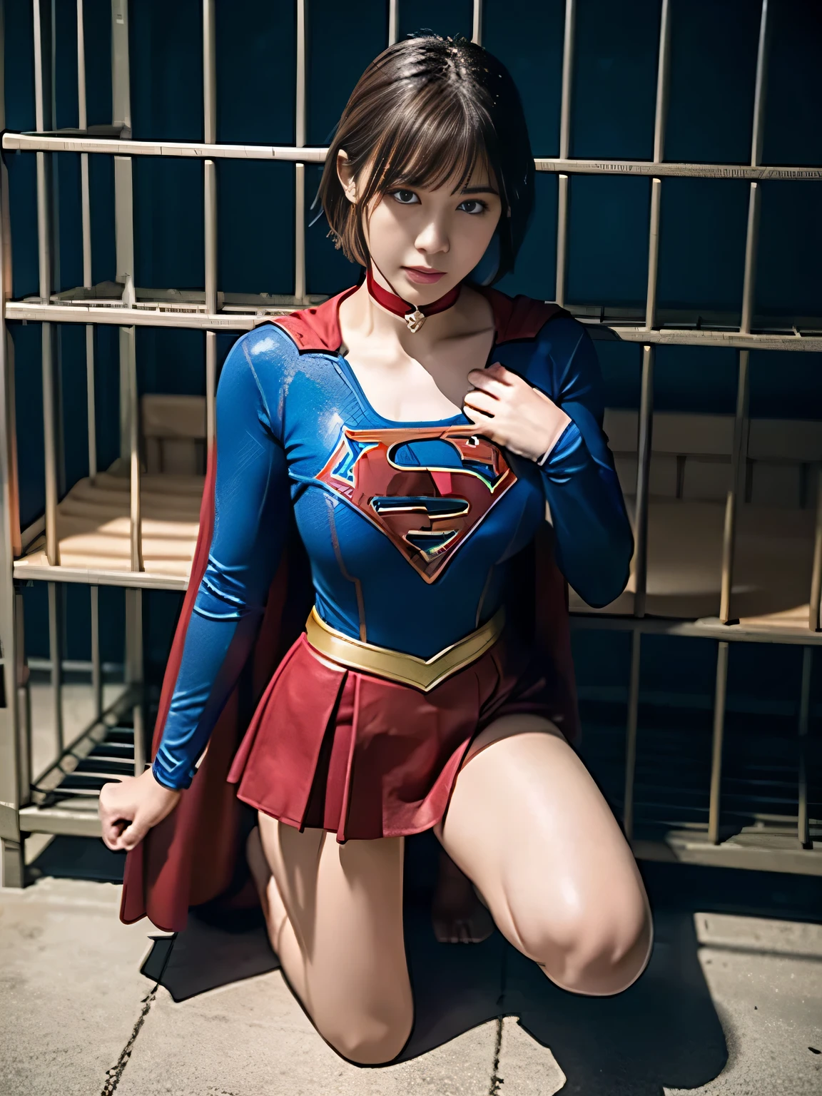 masterpiece、supergirl costume、short hair、barefoot、big and full breasts、Crisis situation、prison、in a cage、imprisonment、Sacrifice、kneel down、sweaty、shiny、looking at camera、Seduce、choker、long sleeve、red sexy pose、POW camps