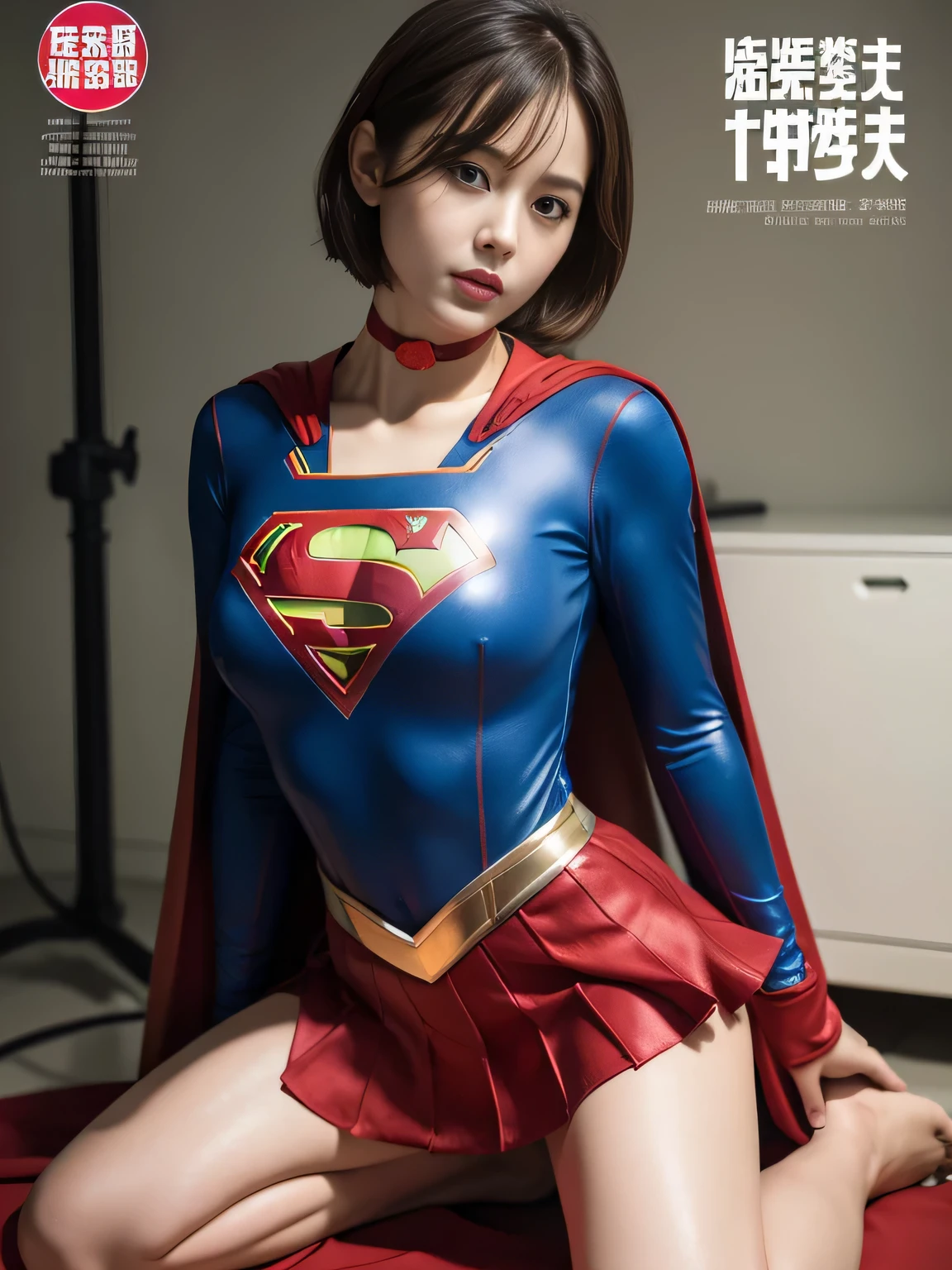 masterpiece,supergirl costume, short hair, barefoot, big and full breasts,operating room、operating table、straddle、Sweat、shiny、look at the camera、provocation、Estrus、choker、Weekly magazine cover、long sleeve、red mini skirt、obscene pose、Seduce