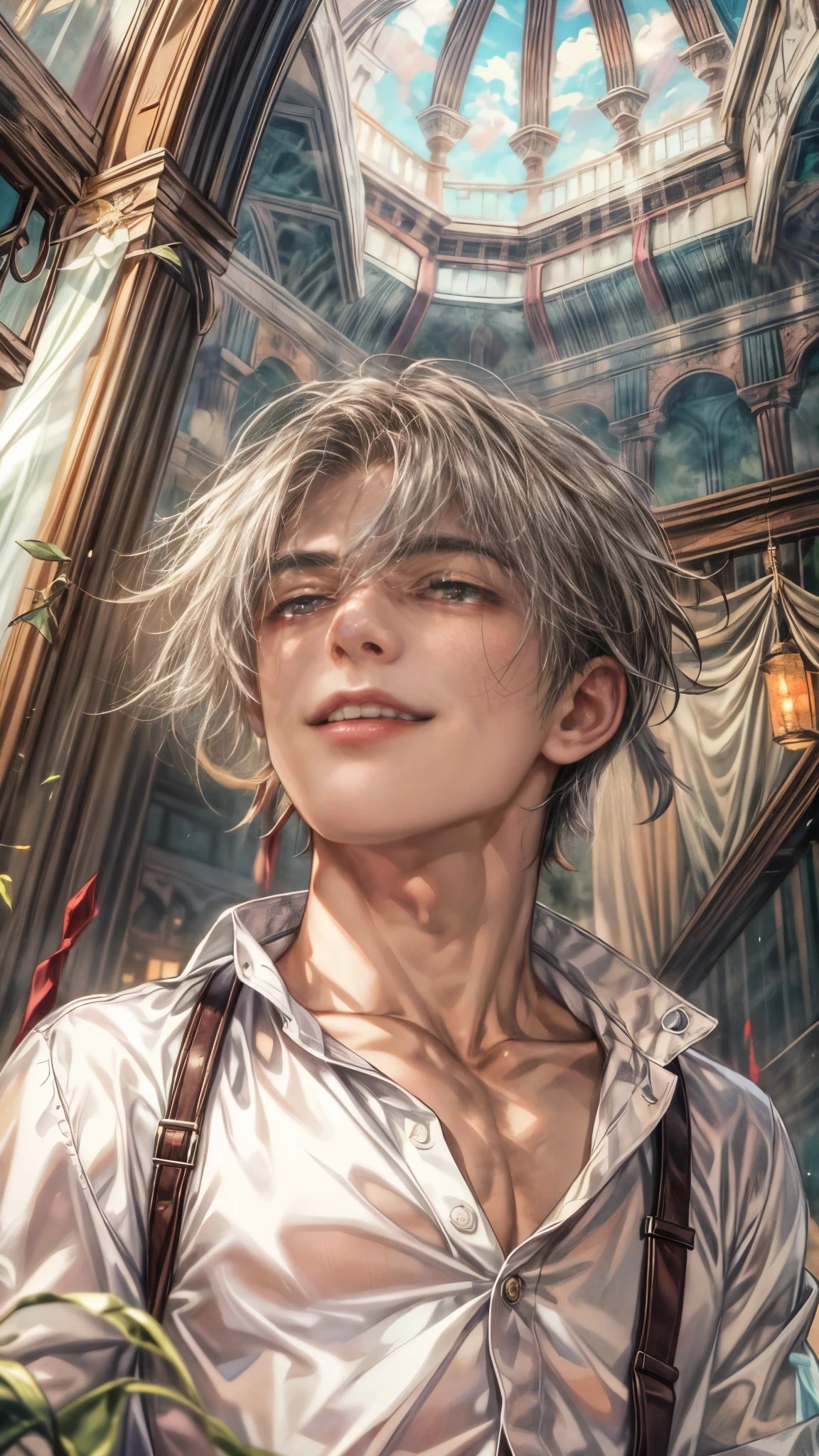 (absurdres, highres, ultra detailed, HDR), masterpiece, intricate, best quality, close-up portrait of a handsome anime character from ayashino ceres, short hair, original hair, captivating scene , boy enjoying a luxurious poolside. happy face, topless, see through shirt showing chest, Incorporate elements of nature, architecture, and the character's unique charm to create a visually stunning and immersive environment, art kenouji.