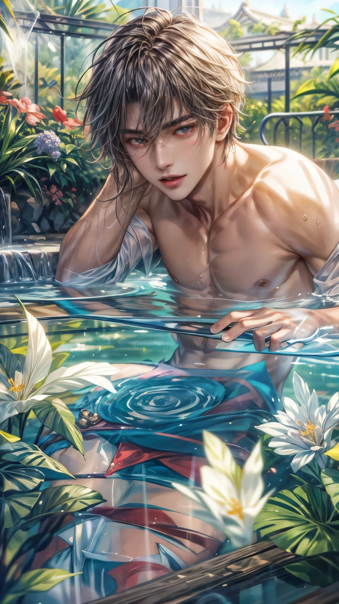 (absurdres, highres, ultra detailed, HDR), masterpiece, intricate, best quality, close-up portrait of a handsome anime character from ayashino ceres, short hair, original hair, captivating scene , boy enjoying a luxurious poolside. happy face, topless, see through shirt showing chest, Incorporate elements of nature, architecture, and the character's unique charm to create a visually stunning and immersive environment, art kenouji.