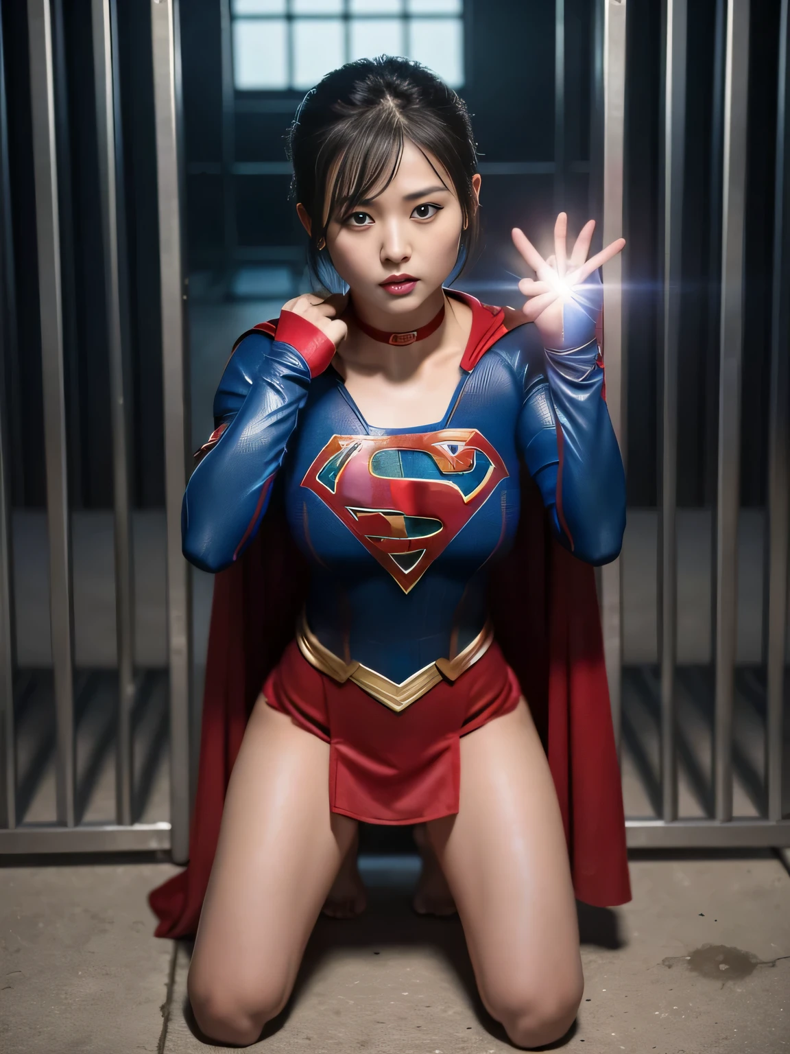 masterpiece、supergirl costume、short hair、barefoot、big and full breasts、Crisis situation、prison、in a cage、imprisonment、Sacrifice、kneel down、sweaty、shiny、looking at camera、Seduce、choker、long sleeve、red sexy pose、POW camps