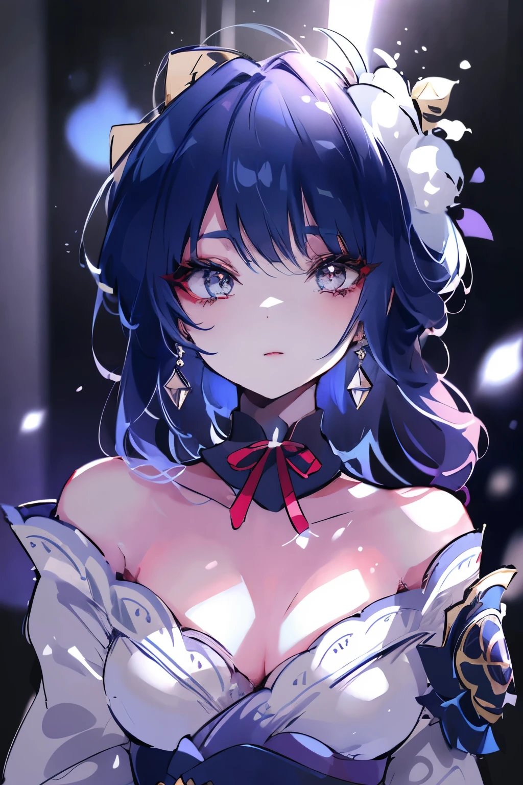 masterpiece, best quality, illustration, saxophone blue, platinum earrings, platinum necklace, white dress, 1 girl, Lovely, (Dynamic lighting:1.2), light, Exquisite facial features, delicate eyes, sharp pupils, realistic student, depth of field, Bokeh, sharp focus, (Super detailed, bloom, glow:1.4), many little gems