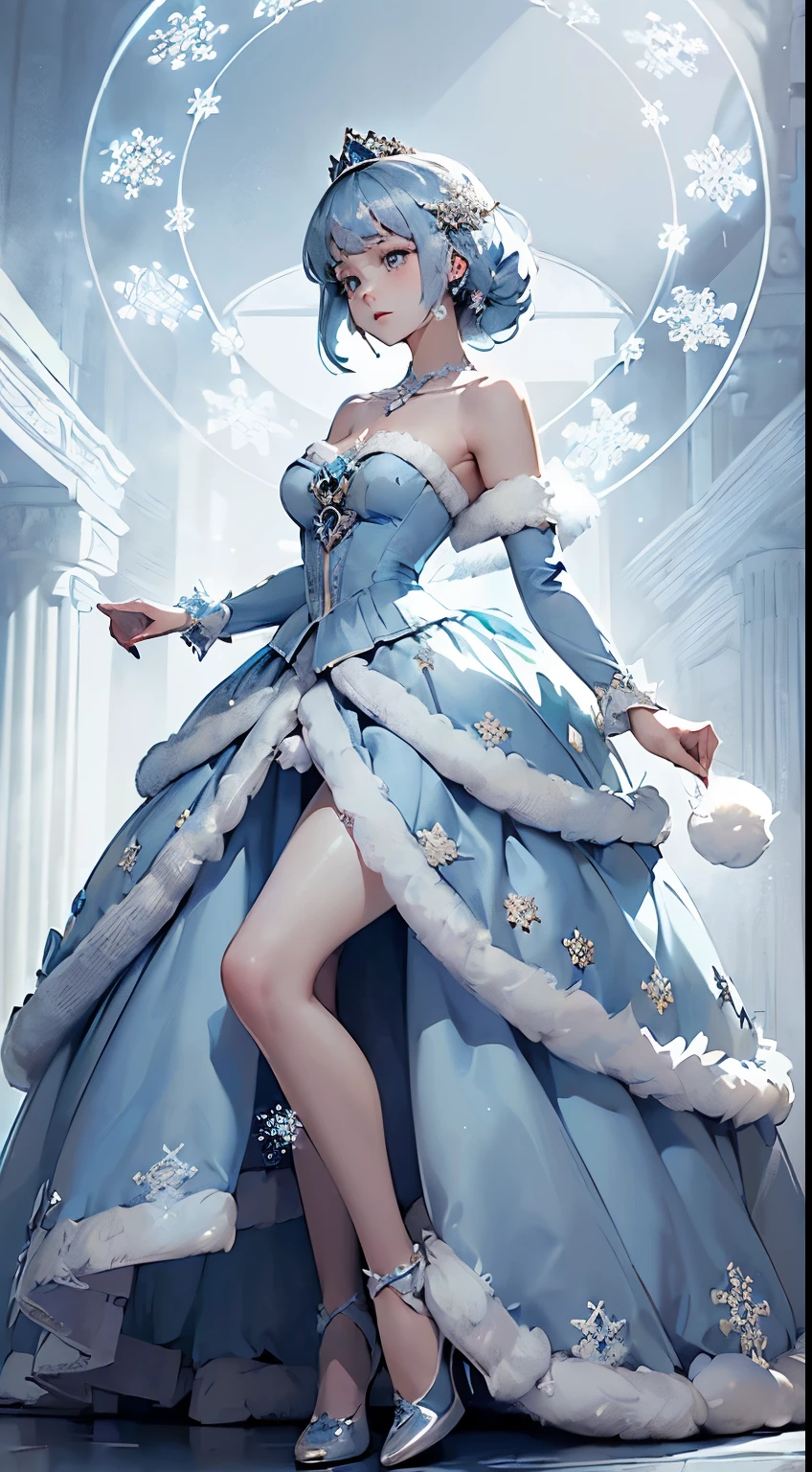 Official Art, Unity 8k wallpaper, super detailed, beautiful, beautiful, masterpiece, best quality,
darkness, atmosphere, mystery, romanticism, creepy, literature, art, fashion, victorian, decoration, intricacies, ironwork, lace, contemplation, emotional depth, supernatural, 
1 girl, (white and light-blue theme:1.5), ((elegant style, gorgeous):1.2), ((light-blue princess dress with white fluffy fur, light-blue hoop skirt):1.4), (snowflake-symbol print on dress:1.4), ((strapless, bare shoulders):1.3), (extremely precise embroidery:1.3), (fluffy fur:1.3), (A necklace made of countless gems:1.2), (high heels:1.1)