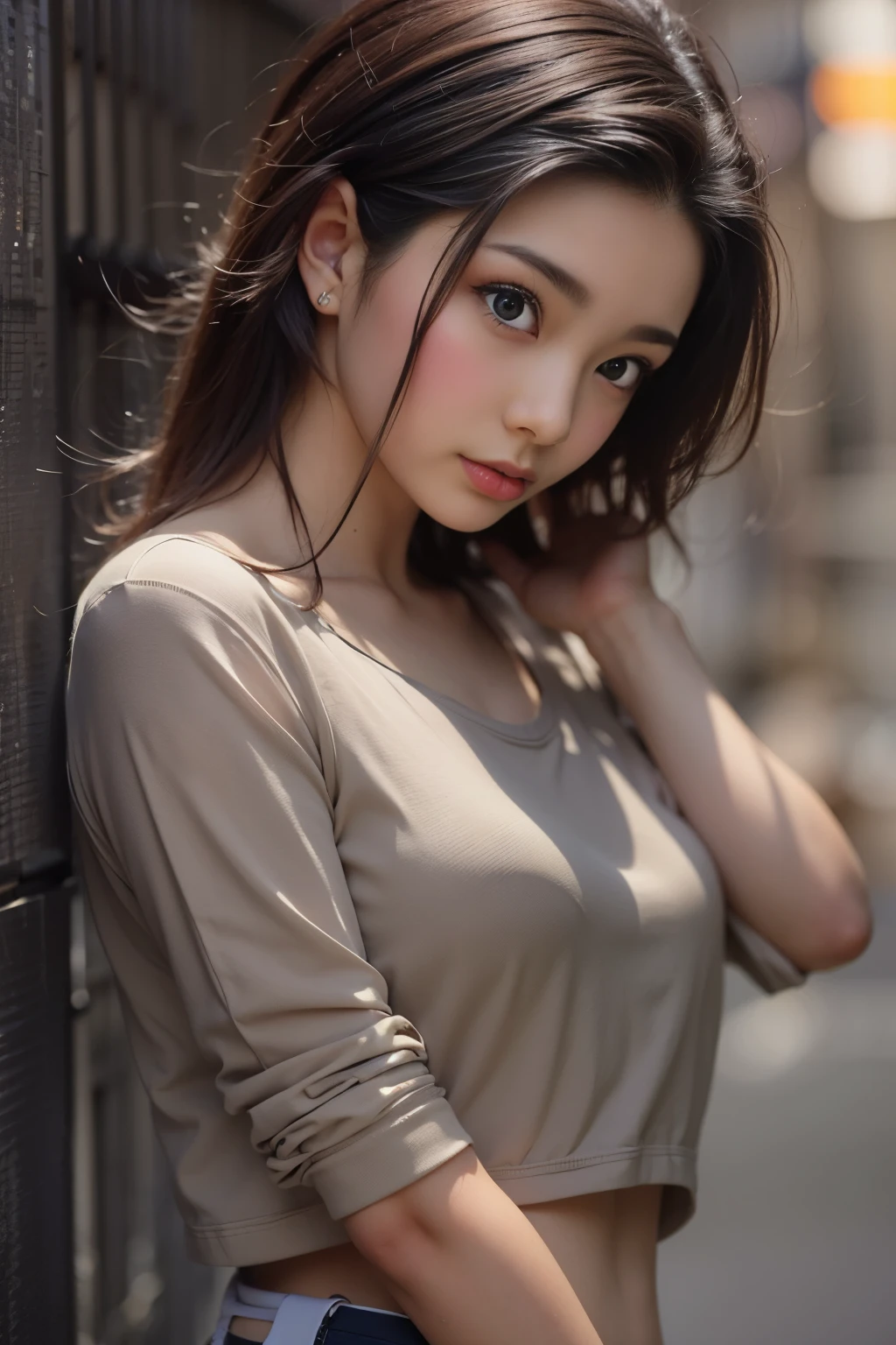 A close up of a woman leaning against a wall with her hands on her hips ...