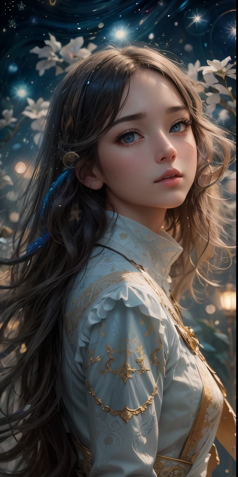high quality, 8K Ultra HD, vivid colors, seamless patterns, fabric art, art station, starry night, many colorful and detailed designs combining magic and fantasy, Girl, splashes, aesthetic, white tone, photorealistic, ultra realistic, by yukisakura, impressive in full color.,Masterpiece,realistic,character