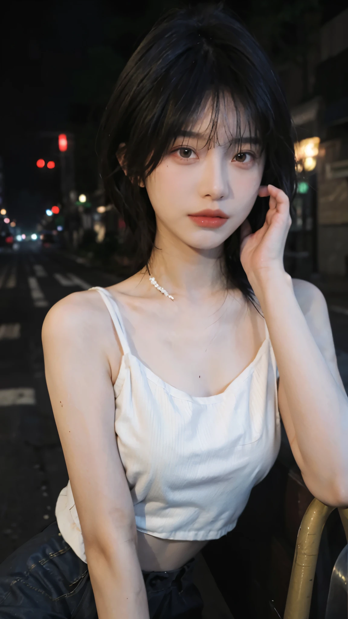 best quality， ultra high resolution， （realistically：1.4），2 girls ，focus:1.2, Beautiful woman with perfect body:1.4 , red short hair，(street at night:1.3), Highly detailed facial and skin textures, Looking directly at the viewer，delicate eyes, double eyelids，red lips，eye shadow，whiten skin，(air bangs:1.3),,(White thin strappy top:1.4)
