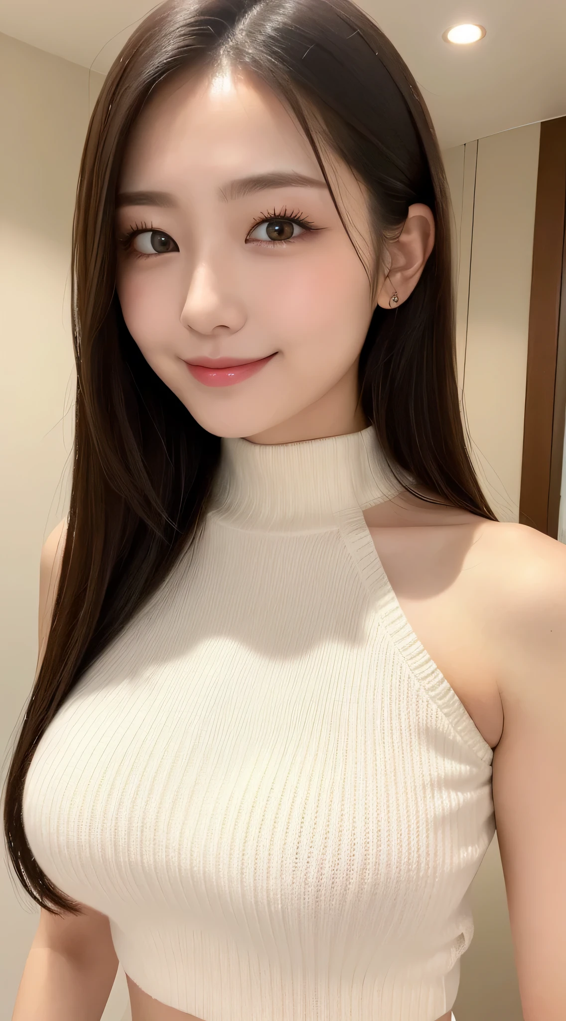 table top, highest quality, Photoreal, finely, High resolution, 8k wallpaper, perfect dynamic composition, detailed and beautiful eyes, medium hair, big and full breasts, random sexy poses,chest to chest、(Open Chest Mock Neck Crop Tank Top White Knitwear Clear Clave)、(Breast bulge 1.2)、laughter、open your mouth、resort scenery、25 years old、(droopy eyes 1.4)、adult beauty、Japanese