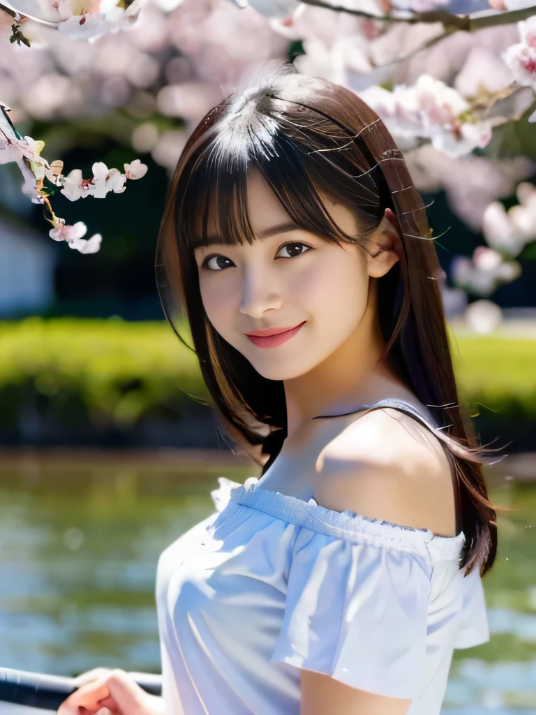 NSFW,highest quality,excellent details,ultra high resolution photos,Beautiful woman,girl,smile,on the rowing board,lake,japanese castle,moat,cherry blossoms,,off shoulder shirt
