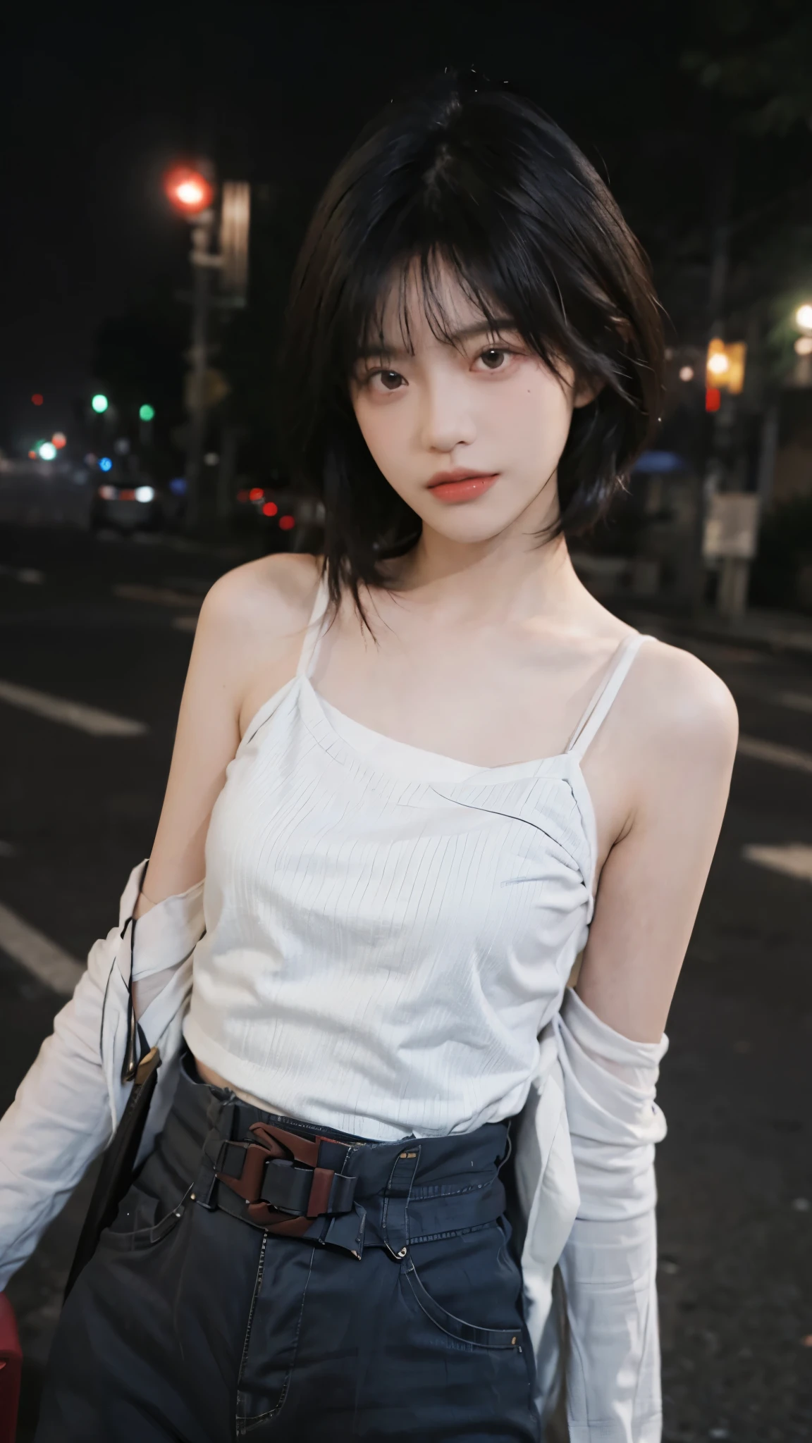 best quality, ultra high resolution, (realistically:1.4),2 girls ,focus:1.2, Beautiful woman with perfect body:1.4 , red short hair,(street at night:1.3), Highly detailed facial and skin textures, Looking directly at the viewer,delicate eyes, double eyelids,red lips,eye shadow,whiten skin,(air bangs:1.3),,(White thin strappy top:1.4)