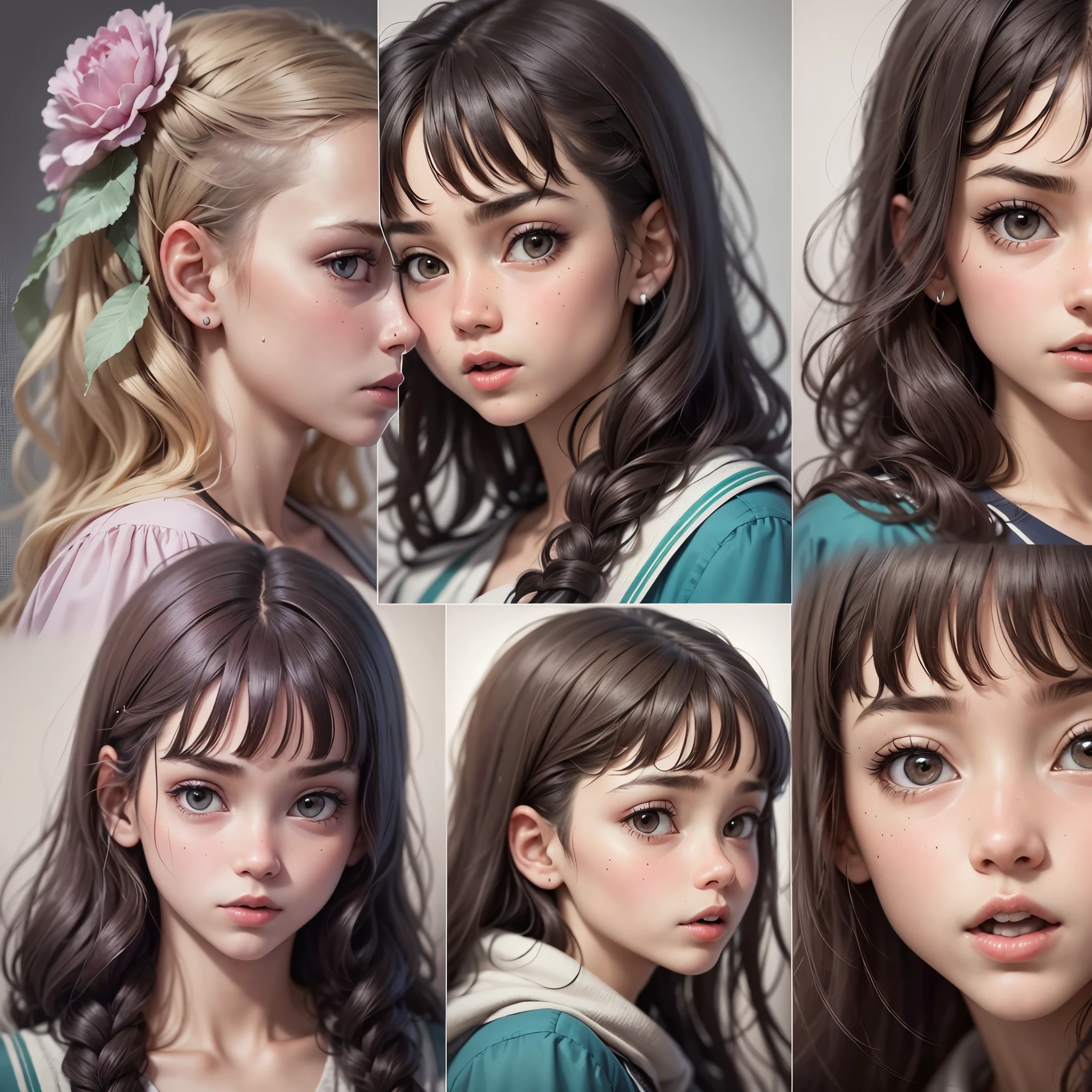 A closeup of a girl with different expressions on her faces, facial expression, cute expression, different expression, facial expression, showing throat, facial expressions, full of expressions, detailed facial expressions, detailed facial expression, realistic facial expression, full of expressions, she has a beautiful expressive face, confused facial expression --auto --s2