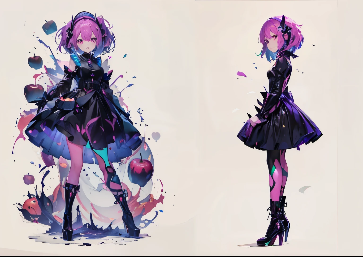 Woman facing front and side, woman's hair fluorescent pink, molten black costume, fluorescent stockings, poisonous apples, splashes of fluorescent poison, black high heels,
