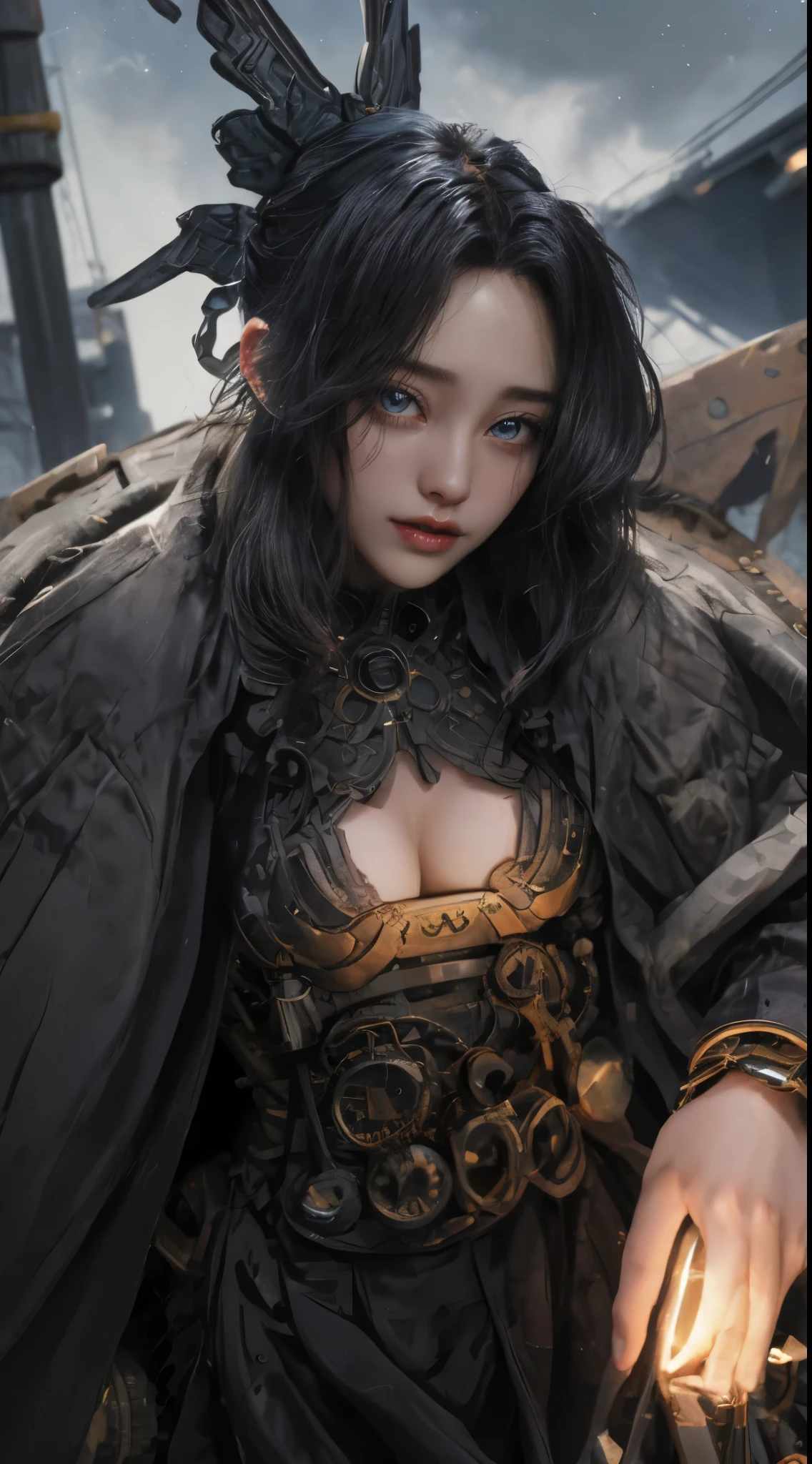 Mechanical doll magical girl, female, , very dynamic action pose, UHD, retina, masterpiece, anatomically correct, skin texture, super detailed, highly detailed, high quality, award winning, top quality, 16K, thick bangs, beautiful long black hair curled vertically and heavily disheveled in the wind, slit eyes, very large crescent-shaped eyes, very large dark gray eyes shining like jewels, long eyelashes, very thin little nose, very small mouth, very thin upper lip, light colored natural makeup, very slender and attractive body, (complex mechanical steampunk headgear, black lace flared skirt, complex mechanical overdecorated gothic lolita fashibined with steampunk fashion), upturned very small beautiful breasts, (explodins in the background). (complex mechanic factory, lots of gears, lots of piping, lightning filled space sky), create highly detailed and realistic images, (super detailed background), (dark mysterious: 1. 2),
