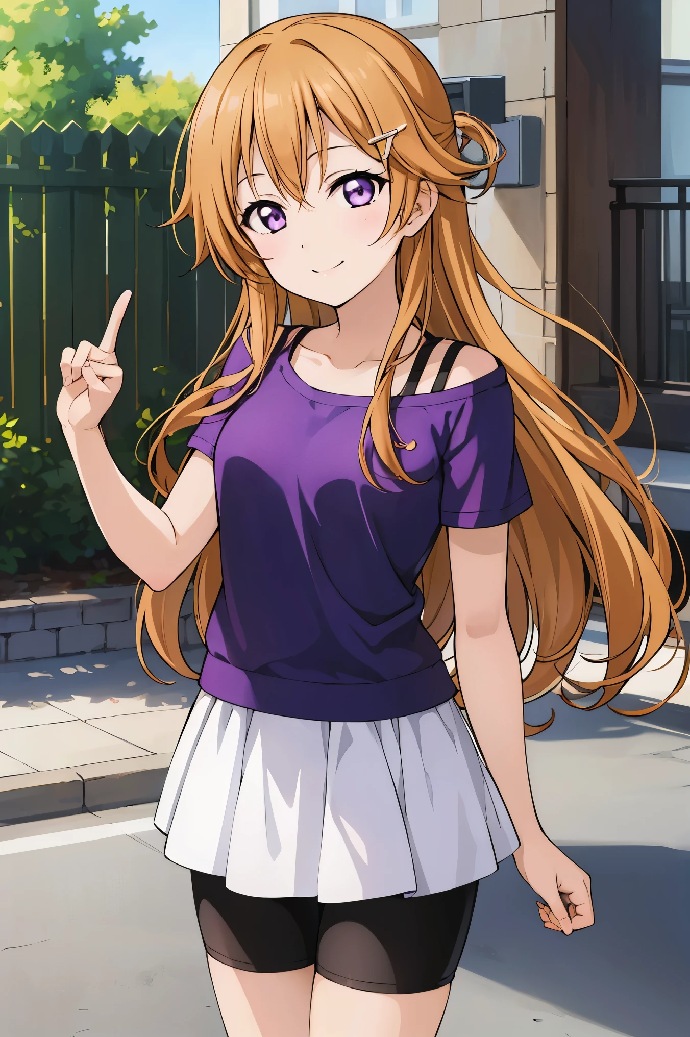 (best quality, masterpiece:1.2), (1girl, solo:1.2), smile, detailed background, (looking at viewer, solo focus:1.2),
Konoe kanata, long hair, straight hair, purple eyes, blonde hair, off shoulder, t-shirt, purple t-shirt, short sleeves, black bike shorts, standing, two peace sign, solo focus,
