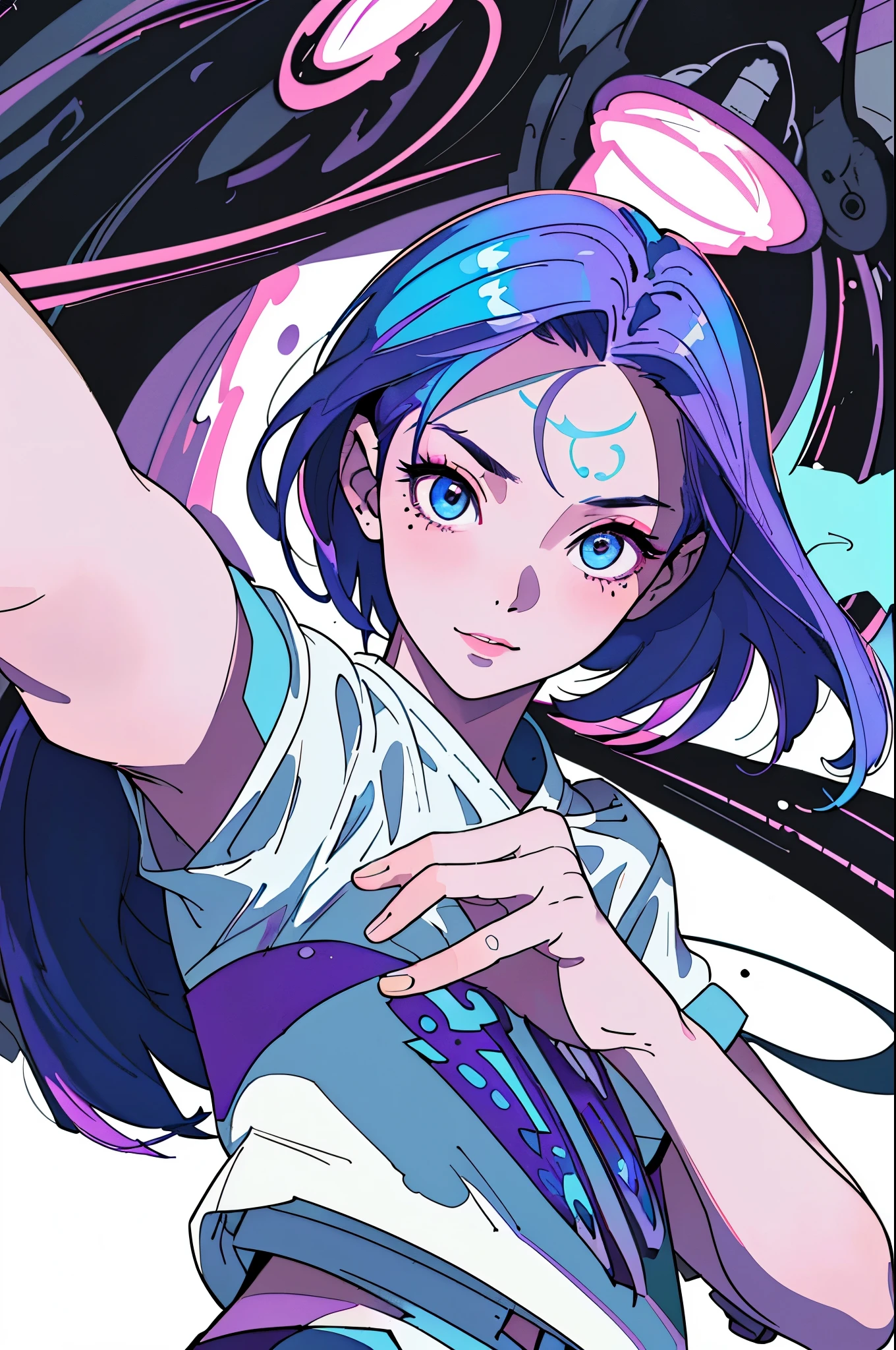 melancholy lights, quiet, calm, brightness, masterpiece, best quality, 1 girl, (Jinx haha:1.2), (ultra photoactual:1.3), (masterpiece:1.4), best quality, ((actual)), high quality, Super detailed, ((real image)), ((actual skin)), ((actual face)),(illustration:1.05), (beautiful:1.05), (beautiful detailed eyes:1.05), (movie lighting:1.1), Purple and pink decoration, whole body, Black and blue clothes, white sneakers