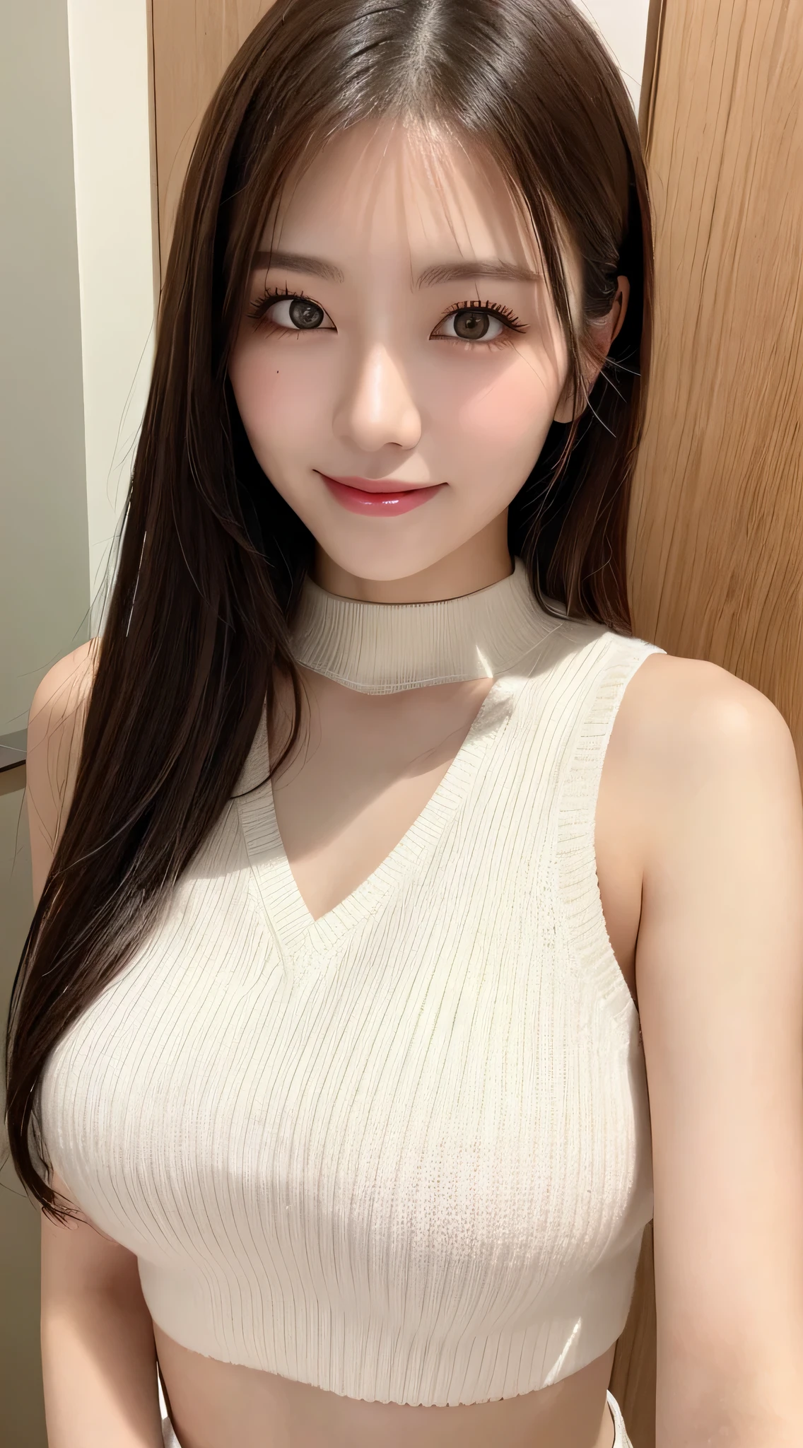 table top, highest quality, Photoreal, finely, High resolution, 8k wallpaper, perfect dynamic composition, detailed and beautiful eyes, medium hair, big and full breasts, random sexy poses,chest to chest、(Open Chest Mock Neck Crop Tank Top White Knitwear Clear Clave)、(Breast bulge 1.2)、laughter、open your mouth、resort scenery、25 years old、(droopy eyes 1.4)、adult beauty、Japanese