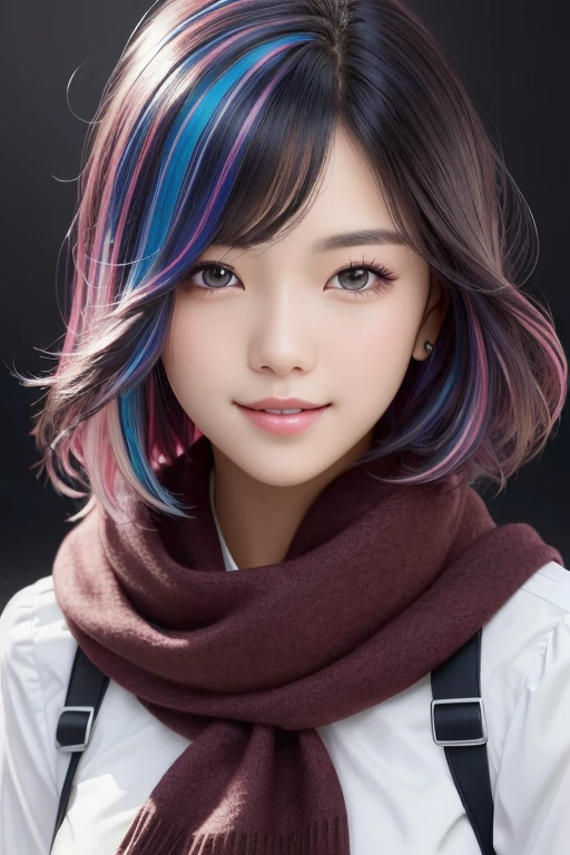 1girl, star eye, ((wink)), (((colorful hair))), pink base multi color hair, blush, (realistic:1.5), (masterpiece, Extremely detailed CG unity 8k wallpaper, best quality, highres:1.2), (ultra detailed, UHD:1.2), (pixiv:1.3), perfect illumination, distinct, (bishoujo:1.2), looking upper left, unreal engine, ((school uniform)), perfect face, detailed face, pretty face, (bright skin:1.3), idol, ulzzang-6500-v1.1, (smile), upper body, (simple background), ((dark background)), (depth of field), soft scarf,
