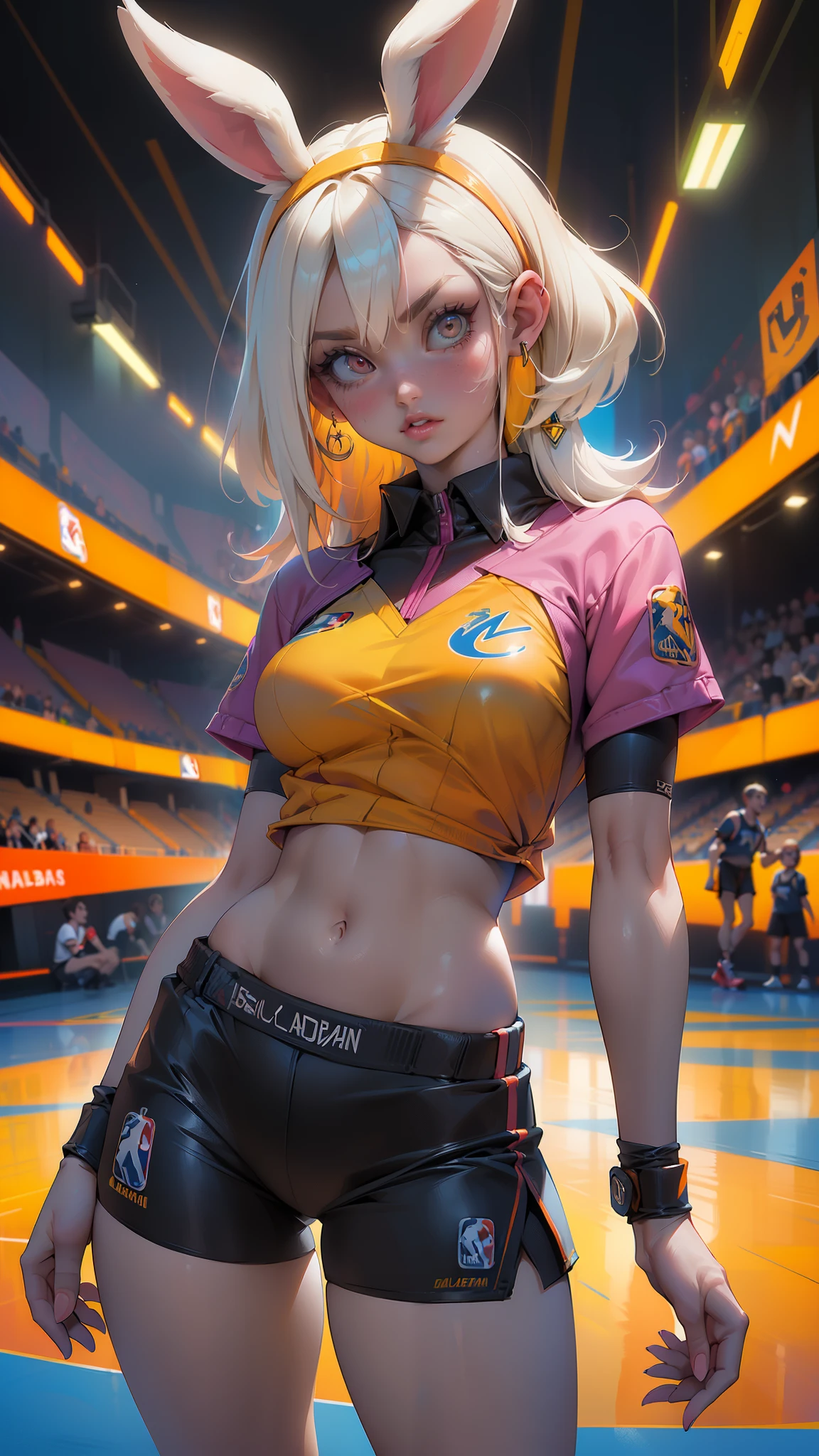 (La mejor calidad,A high resolution,Ultra - detallado,actual),(NSFW lolabunny, Conejo, piel bronceada, ojos azules, nariz rosa, dientes de hebilla, banda para el cabello, uniforme de baloncesto, camisa blanca, shorts blancos, Diafragma, logotipo na camisa:1.2), (por ratte y nuzzo y kenket:0.7), piel realista, real, detallado, (piel detallada, pele, cuerpo peludo: 1.2), peludo, antro, mejor calidad, foto profesional, fotorrealismo, alta calidad, volumetic, trazado de rayos, HDR, 4k, 8K, resalte absurdos, realista, maximum shading, ((NSFW, obra maestra)), (cerca, retrato, en una cancha de baloncesto:1.2),(dedos detailed) (perfect anatomy), (fondo cancha de baloncesto NBA :1.4)