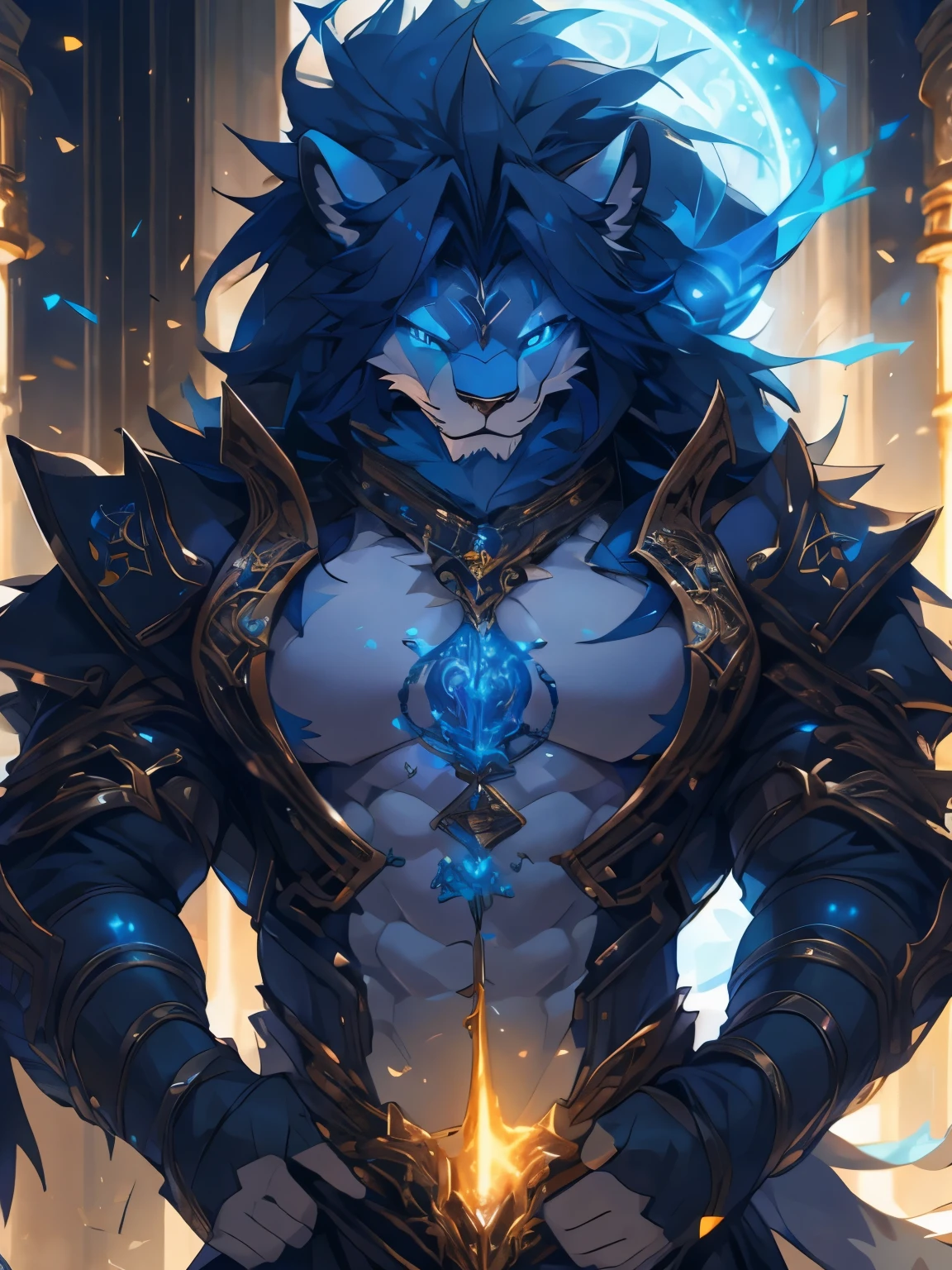 male, furry, Lion anthro, solo, white fur, Blue eyes, (Realistic eye details 1.2), mafiawear, V0id3nergy, abs, Masterpiece, dramatic lighting, soft lighting, day, highly detail, Hair coiled, epic fantasy art style, epic fantasy digital art style, anatomically correct, accurate, UHD, 1080P