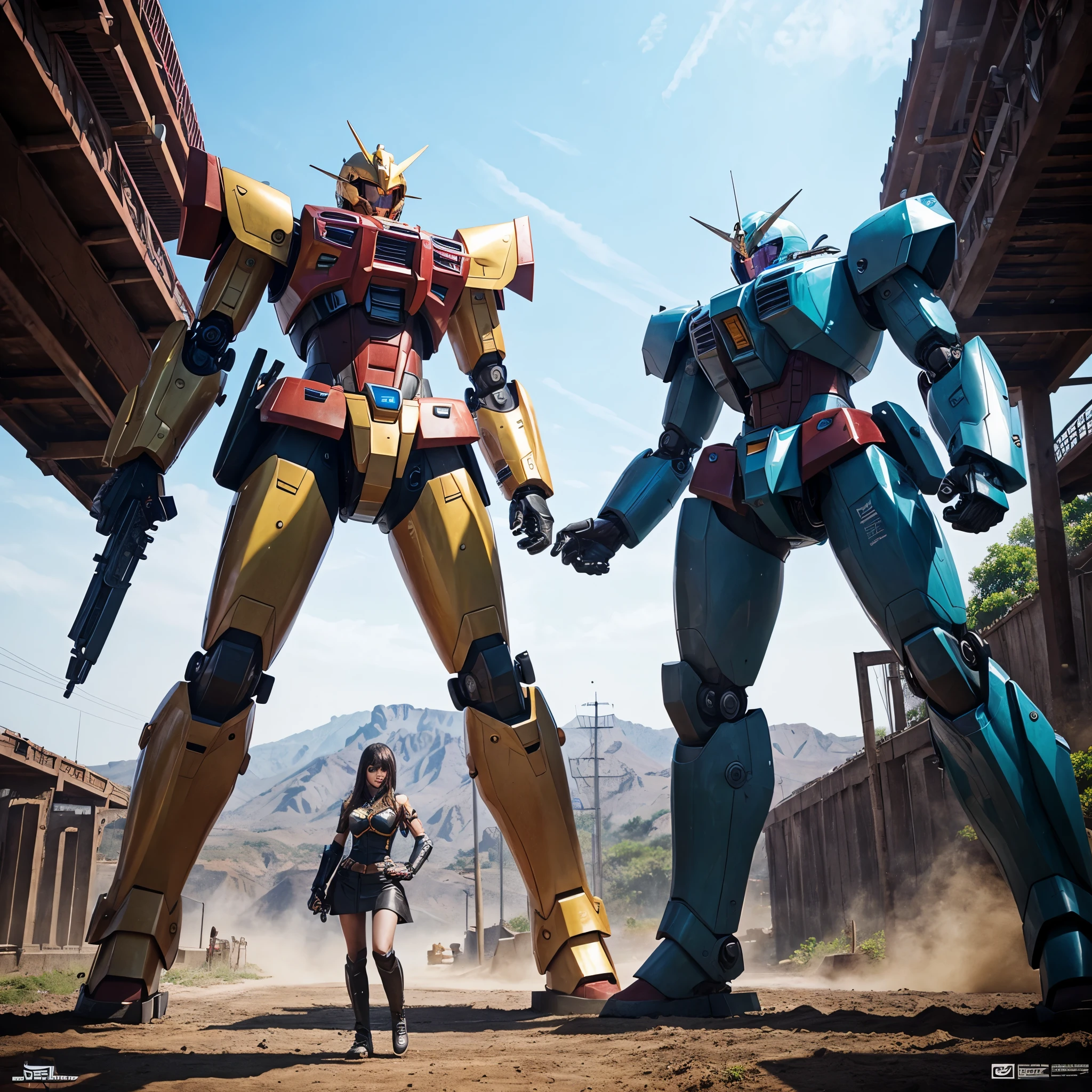 ((masterpiece, better quality)),illustration,ultra detailed 8k,photorealistic,sharp focus,very detailed,professional lighting,colorful details,iridescent colors BREAK extremely long plan of a factory,large mechanical robot construction,microchip,computer,glossy, intricate details,shitu-mecha,1girl stands next to Mecha, Gundam, navel, cute, sexy, eyes ultra detailed,