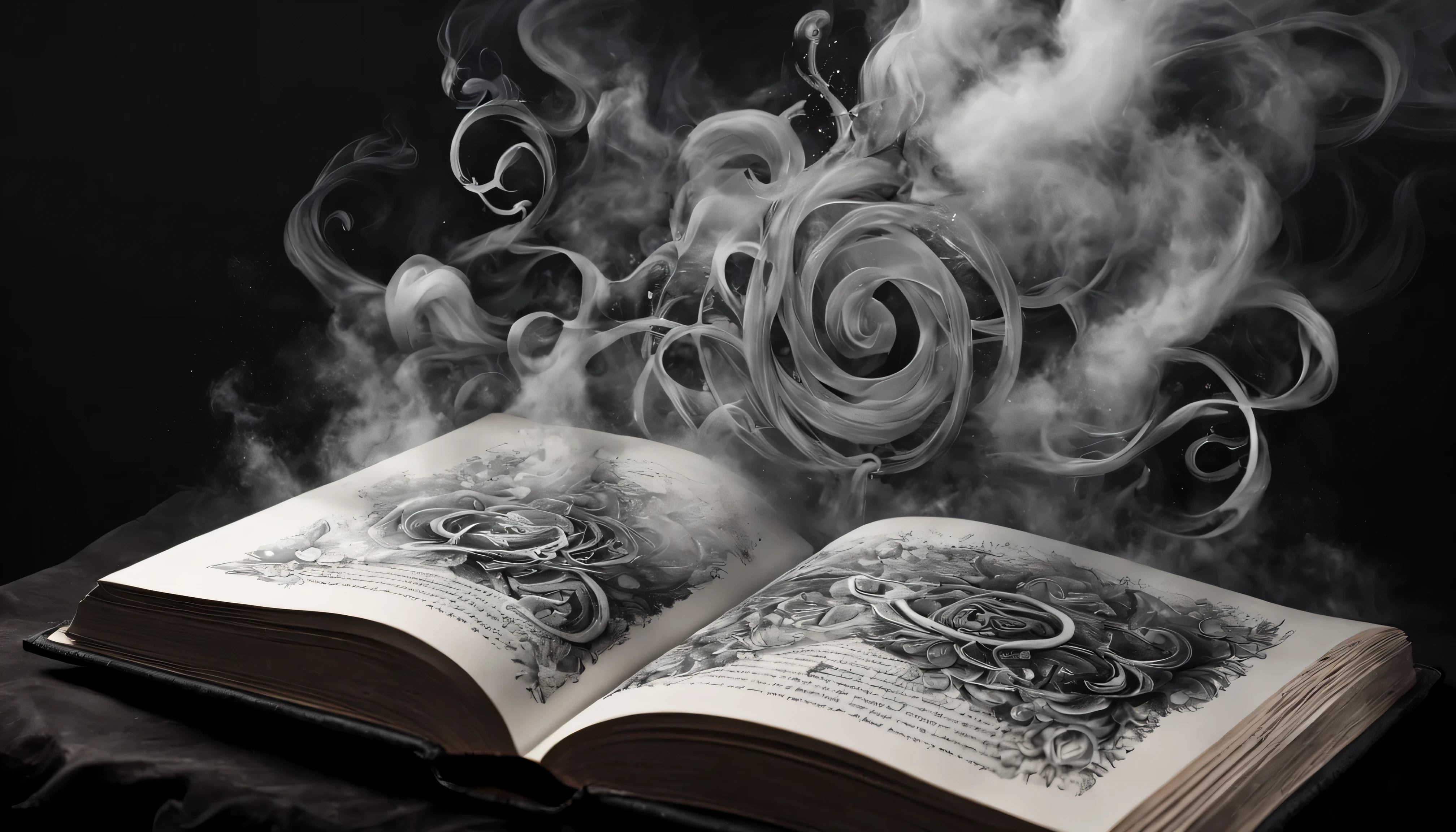 Vektor Create an exquisite ink painting on white paper that is the perfect multi-exposure work of art. This piece intended to combine the shadowed volume of a Book with runes surrounded by a dark mist... hiper-realista.estilo de tatuagem, Respingo de tinta, cores em branco ,Preto e branco , cinematic, illustration, pintura, foto, poster, fantasia negra