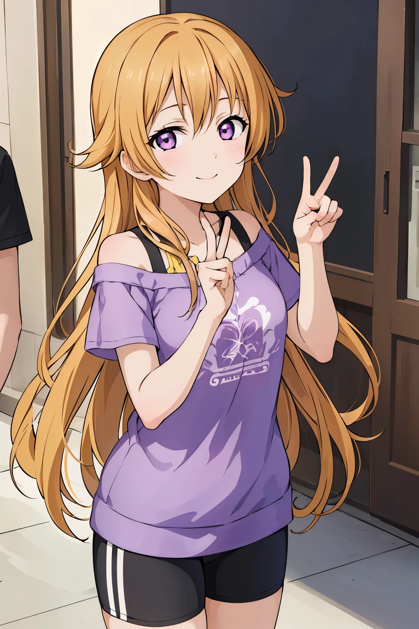 (best quality, masterpiece:1.2), (1girl, solo:1.2), smile, detailed background, (looking at viewer, solo focus:1.2), 
Konoe kanata, long hair, straight hair, purple eyes, blonde hair, off shoulder, t-shirt, purple shirt, short sleeves, black bike shorts, standing, two peace sign, solo focus, 