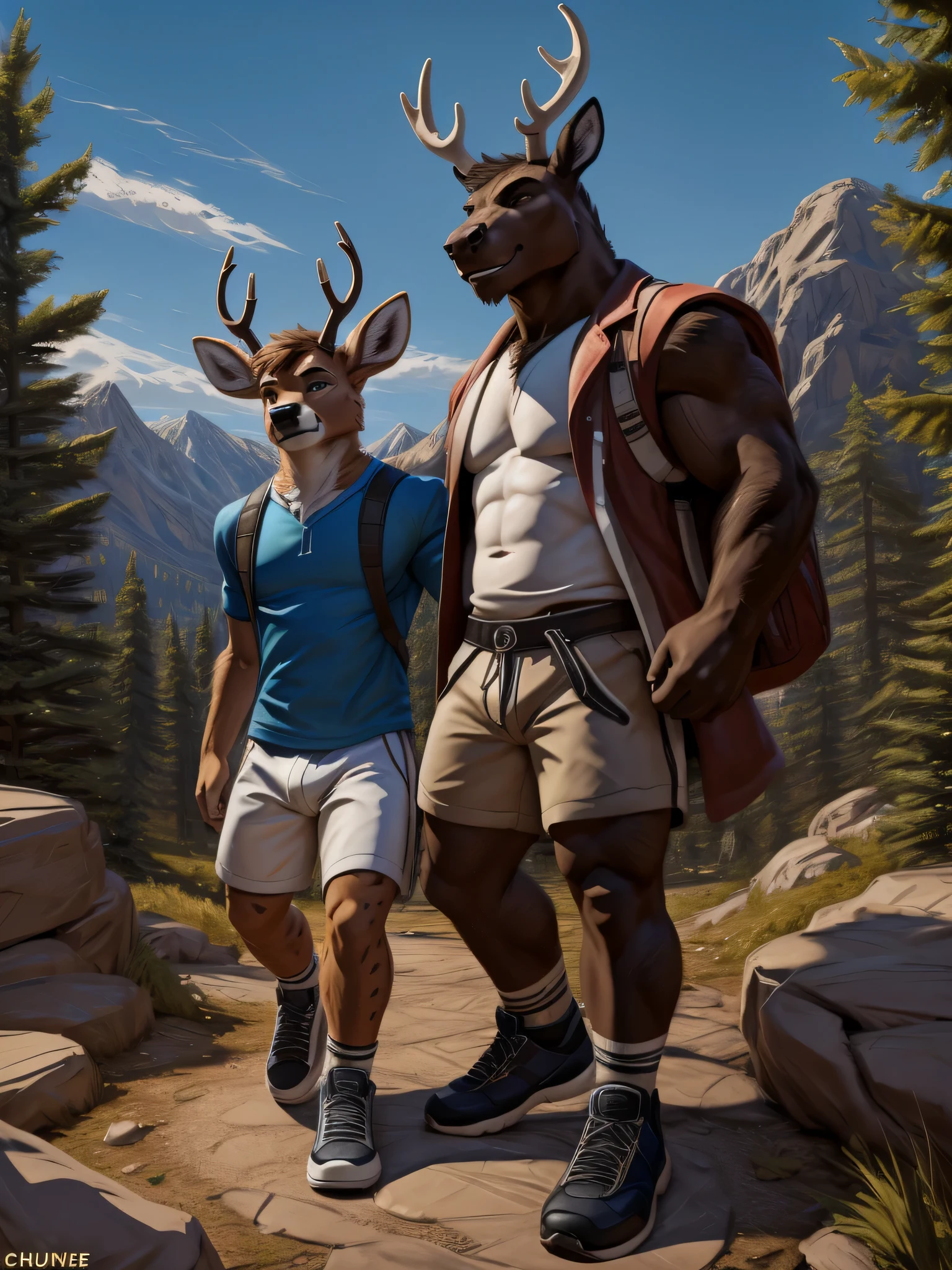 2 furries, male deer, spotted shoulders and thighs, brown fur with white spots and antlers, wearing, in the woods, hiking with a muscular male moose whose arm is around him, wearing a checkered shirt with tan shorts and black and white sneakers, (by chunie).