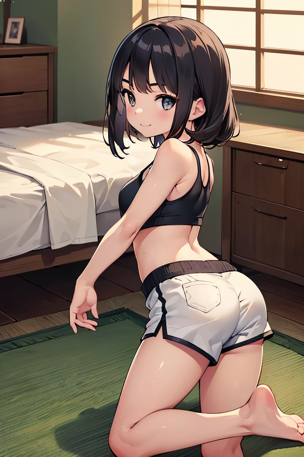 sports bra, (cotton shorts:1.3), (looking back:1.5), 1girl, very cute girl,(enfant face:1.3), hip focus,
(8k, RAW photo:1.2), (best quality, masterpiece, photo realistic, ultra highres:1.1), detailed beautiful face, detailed skin, japanese girl,
(indoors:1.5), smile,
(whole body:1.5),lying, ,