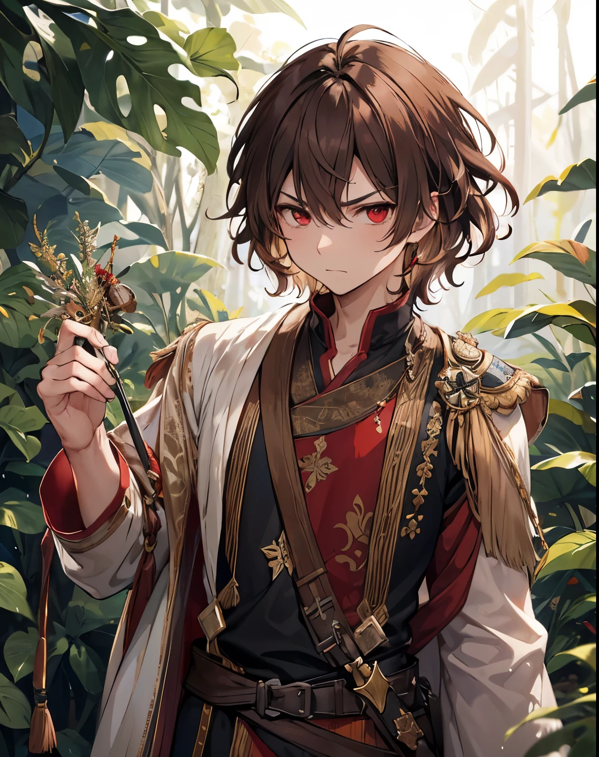 masterpiece, 1men, sparrow, a brown haired men, wearing an javanese medieval herbalist clothes, curly medium hair, messy hair, slim body, wearing adventurer clothes, he close her left eye, shirt ornament, angry expression, red eyes, stand at forest,