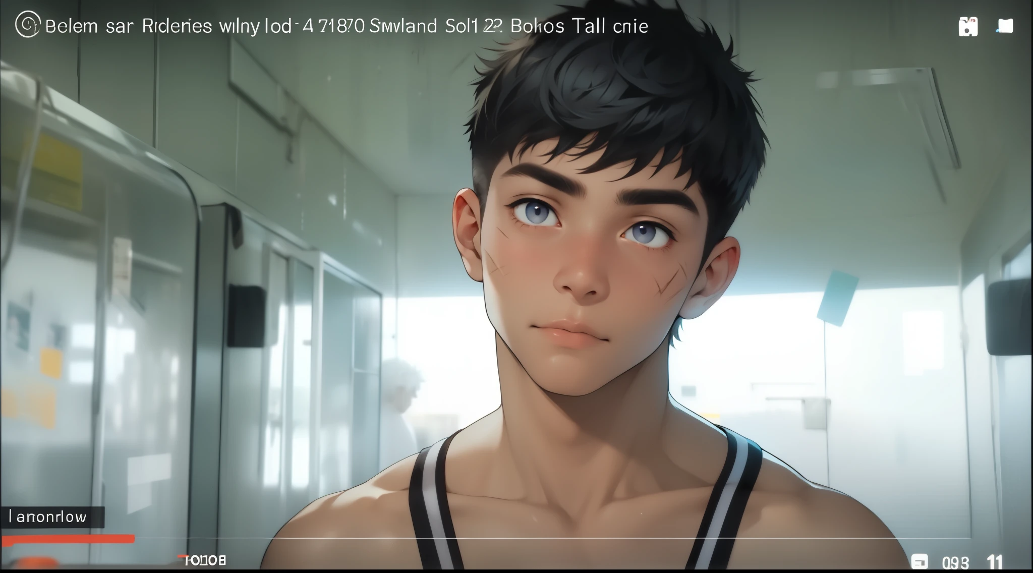 beautiful 18 year old boy with silver hair gray eyes has a scar on his face blue clothes