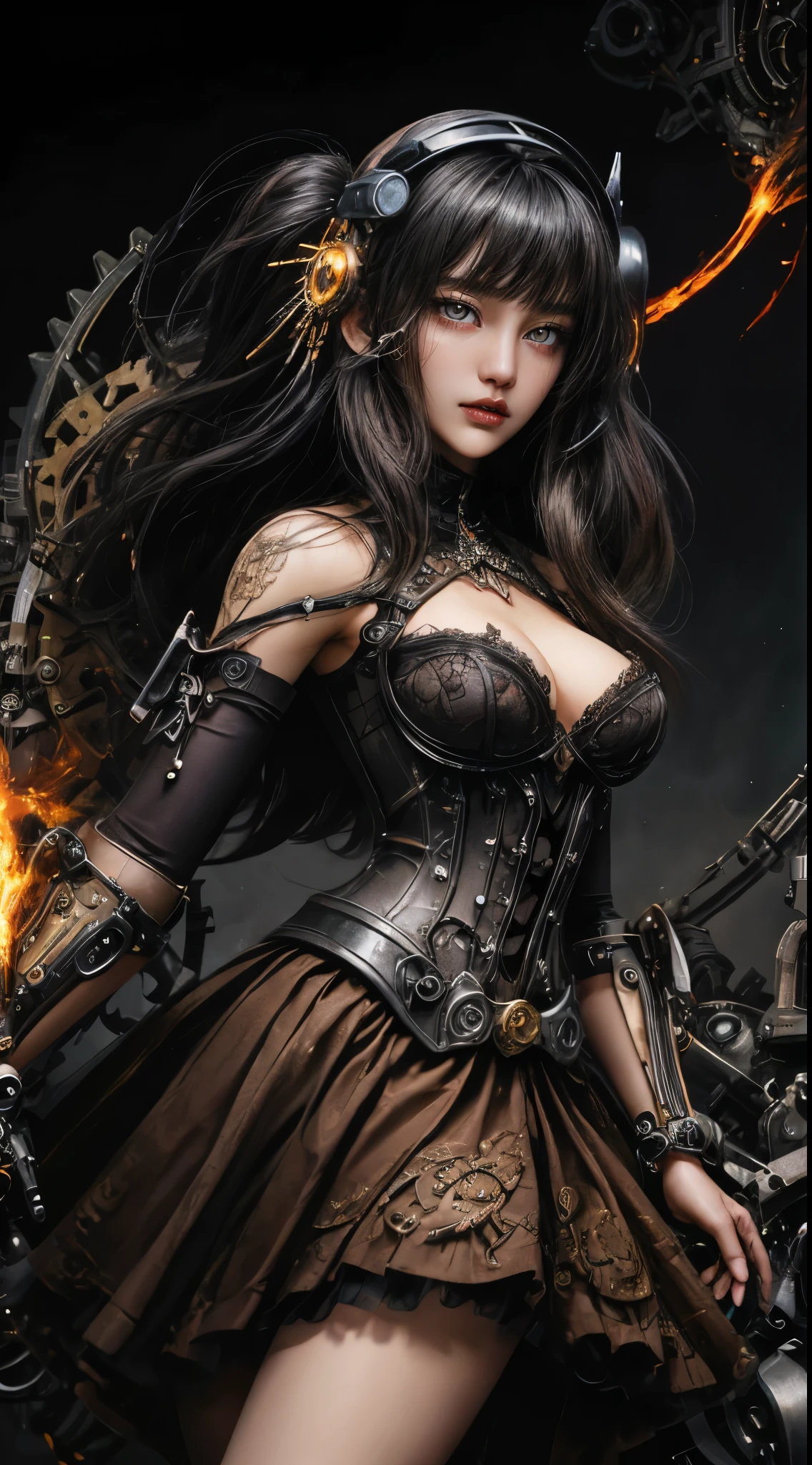 Mechanical doll magical girl, female, , very dynamic action pose, UHD, retina, masterpiece, anatomically correct, skin texture, super detailed, highly detailed, high quality, award winning, top quality, 16K, thick bangs, beautiful long black hair curled vertically and heavily disheveled in the wind, slit eyes, very large crescent-shaped eyes, very large dark gray eyes shining like jewels, long eyelashes, very thin little nose, very small mouth, very thin upper lip, light colored natural makeup, very slender and attractive body, (complex mechanical steampunk headgear, black lace flared skirt, complex mechanical overdecorated gothic lolita fashion combined with steampunk fashion), upturned very small beautiful breasts, (exploding flames in the background). (complex mechanic factory, lots of gears, lots of piping, lightning filled space sky), create highly detailed and realistic images, (super detailed background), (dark mysterious: 1. 2),