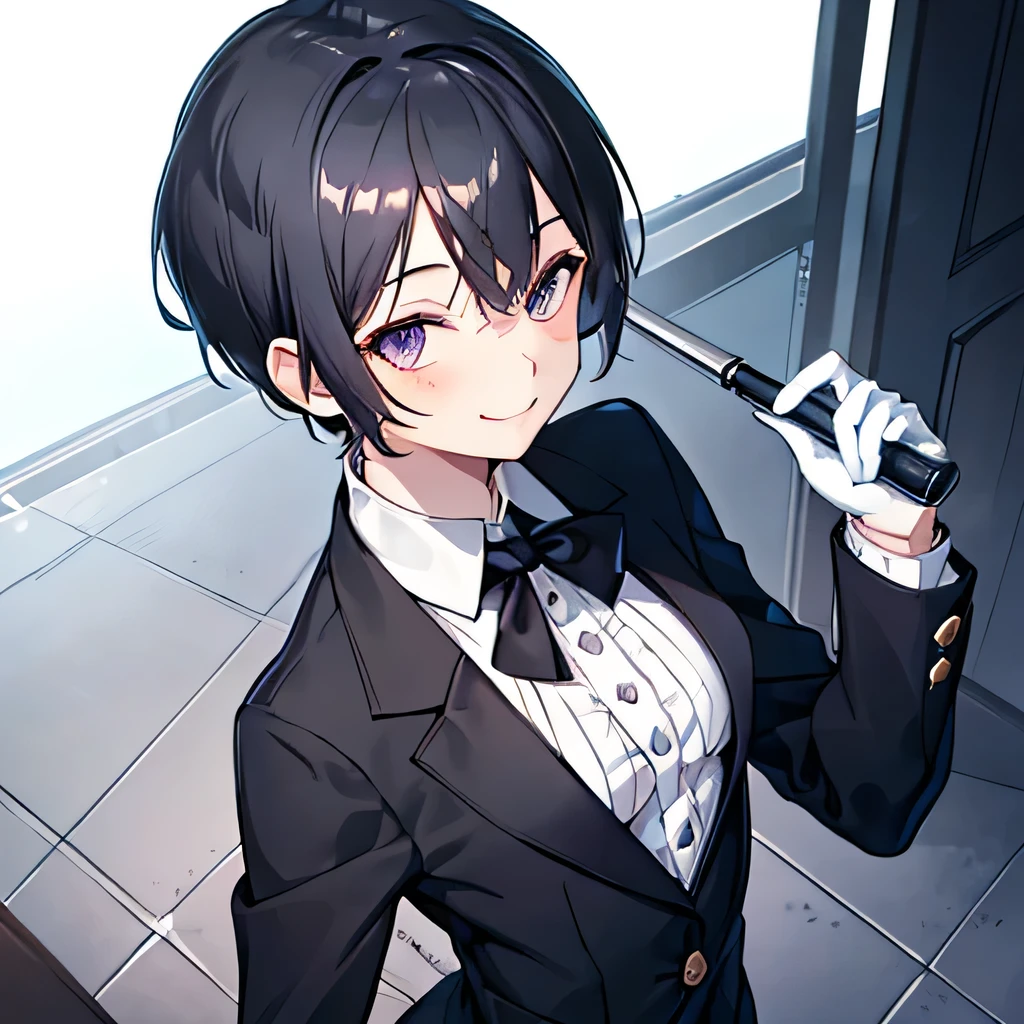 girl, Butler, sexually ambiguous person, smile, Are standing, looking at the viewer, (small breasts:1.4), very short hair, silver eyes, boyish, slanted eyes, narrow eyes, (Clothes that do not expose skin:1.3), business suits and dress shirts, gloves, mole, Upper body, From above, highest quality, black hair, 