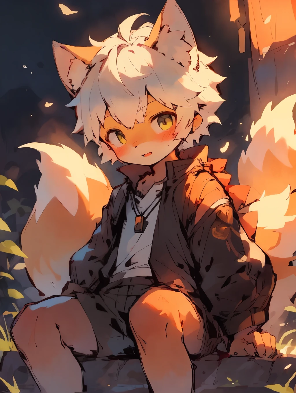 .(Detailed background:0.7), individual,hairy, hairy的男性, male focus, A masterpiece of hours,high quality,abstract res,number\(artwork\), by Dagasi, Yupa,Kiyoyama,(anthropology,fluffy fur,Character focus:1.1),Human male fox,Bright Eyes, panoramic, Character focus.(Detailed background:0.6), solo, hairy, hairy的男性, male focus, anthr,(全身hairy的, Fluffy tail)light yellow fur,A seven-year-old boy,cute,Raised crotch,toddler,blood red pupils,One tail has a white end,The ends of the limbs are white,cute的肉垫,cute的男孩子,The end color of the ear is orange,hairy的大耳朵,hairy大尾巴,sit in the water,legs spread,detailed background,Pale yellow hair,blonde,big eyes,Big head,hairy的毛发,Be open-minded,Hanfu,sports shoes,shy expression,calm expression,Maple Leaf Forest,field,Blue sky and white clouds 4k background,antiquity,hairy的狐狸耳朵,bright sunshine,tights,Chest is a little flushed,sense of technology,mechanical decoration,Black and red work clothes。