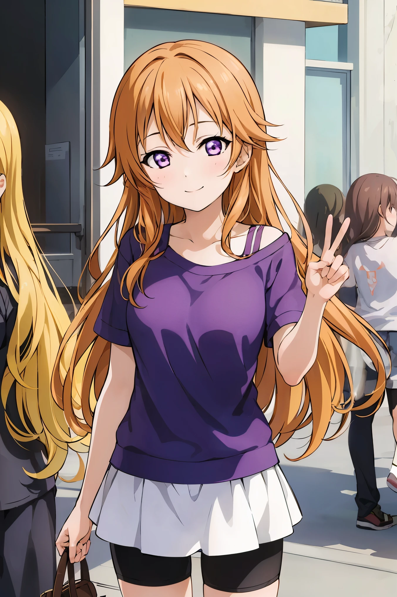 (best quality, masterpiece:1.2), (1girl, solo:1.2), smile, detailed background, (looking at viewer, solo focus:1.2), 
Konoe kanata, long hair, straight hair, purple eyes, blonde hair, off shoulder, t-shirt, purple shirt, short sleeves, black bike shorts, standing, two peace sign, solo focus, 