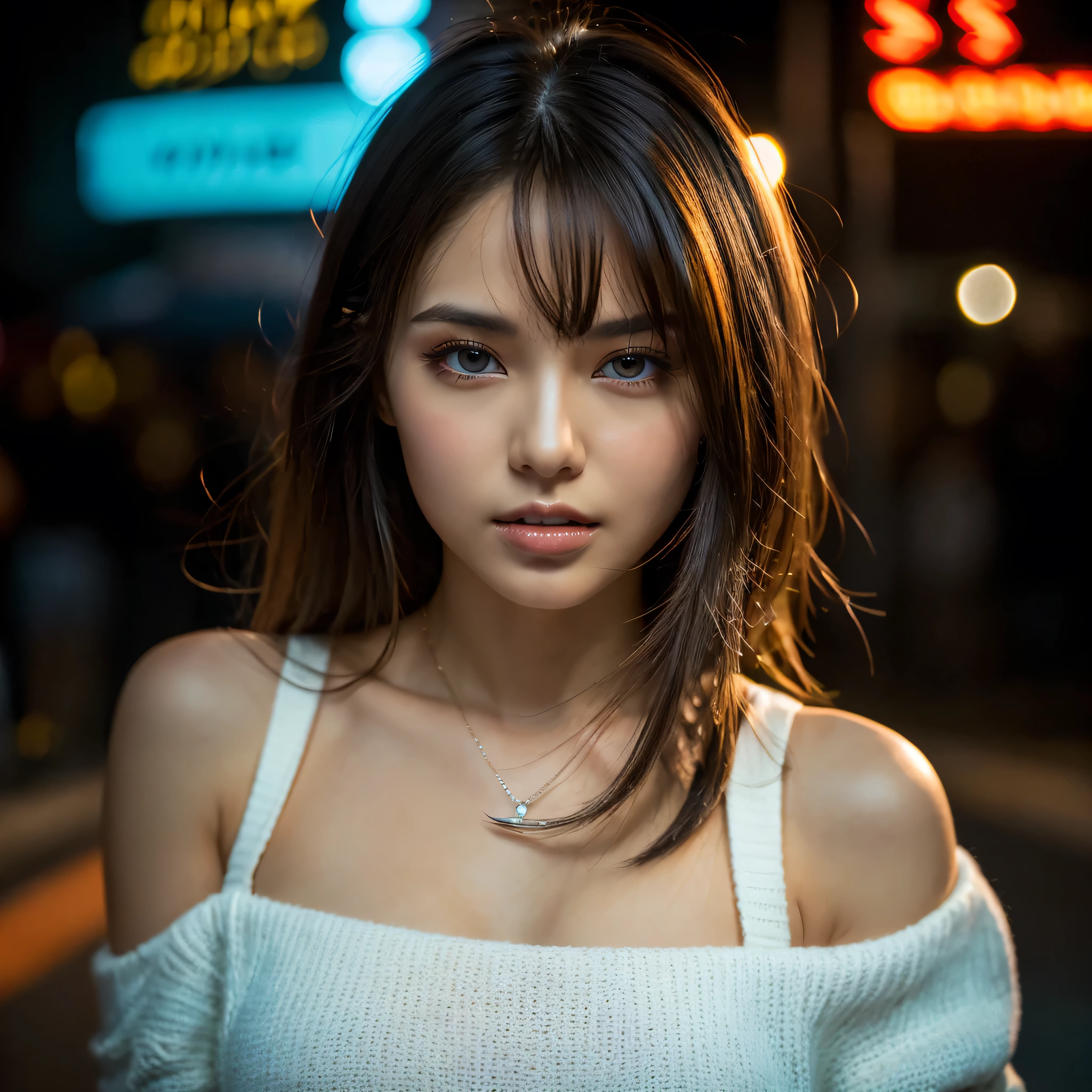 (Best Quality, Masterpiece, Ultra High Definition, High resolution, highly detailed, High Definition Face:1.5), 20-year-old woman, 1 beautiful woman, (full body photo:1.4), (Beautiful woman with a cigarette in her mouth:1.6), (beautiful woman wearing Beautiful woman wearing a knit, neon color fashion:1.3), Smoke is coming out of the cigarette, (beautiful eyes, light in the eyes, eyes are in focus), white skin, Glossy, shiny skin, very Fair skin, (film photography style, photo with strong shadows, Background neon light, City of night, cyber punk:1.2), Poker face, violently fluttering hair, random hair styles, random hair color, Slim Big Breasts, (Huge Breasts), 