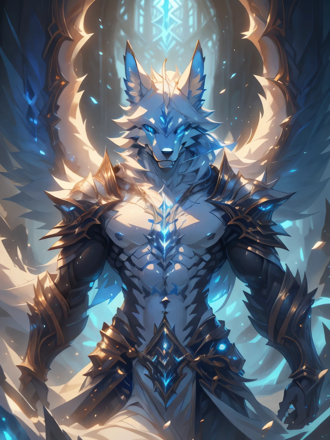 male, furry, Wolf anthro, solo, white fur, Blue eyes, (Realistic eye details 1.2), V0id3nergy, abs, Masterpiece, dramatic lighting, soft lighting, day, highly detail, Hair coiled, epic fantasy art style, epic fantasy digital art style, anatomically correct, accurate, UHD, 1080P