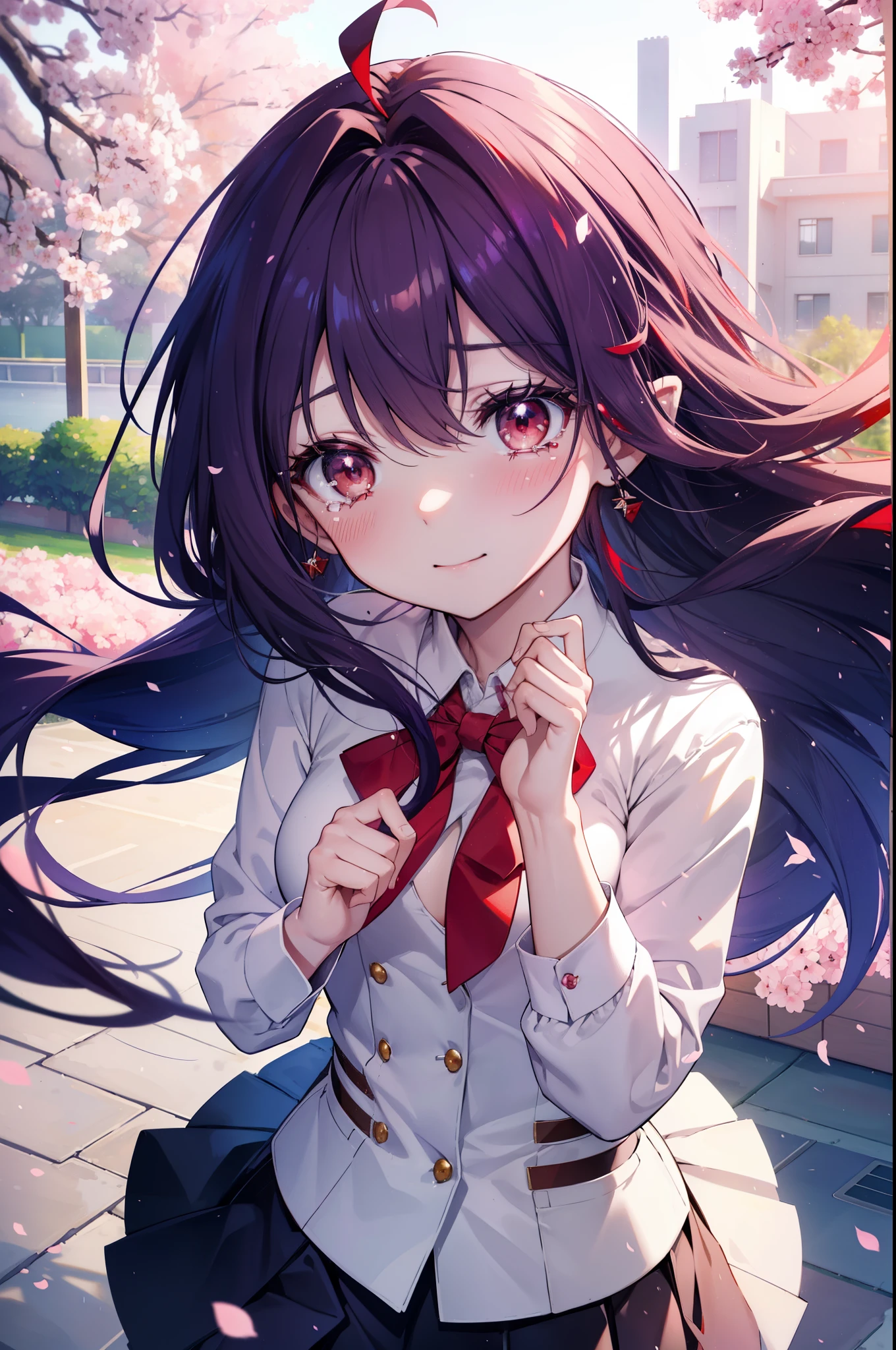 yuukikonno, Yuki Konno, hair band, long hair, pointed ears, purple hair,Ahoge, (red eyes:1.5), (small breasts:1.2), smile,blush,happy atmosphere,
tears run down her face,Crying with joy,
high school uniform,white dress shirt,red ribbon,purple blazer,black pleated skirt,white pantyhose,brown loafers,Cherry blossom tree-lined path,Cherry blossoms are scattered,
break looking at viewer, Upper body, whole body,
break outdoors, School gates,
break (masterpiece:1.2), highest quality, High resolution, unity 8k wallpaper, (figure:0.8), (detailed and beautiful eyes:1.6), highly detailed face, perfect lighting, Very detailed CG, (perfect hands, perfect anatomy),