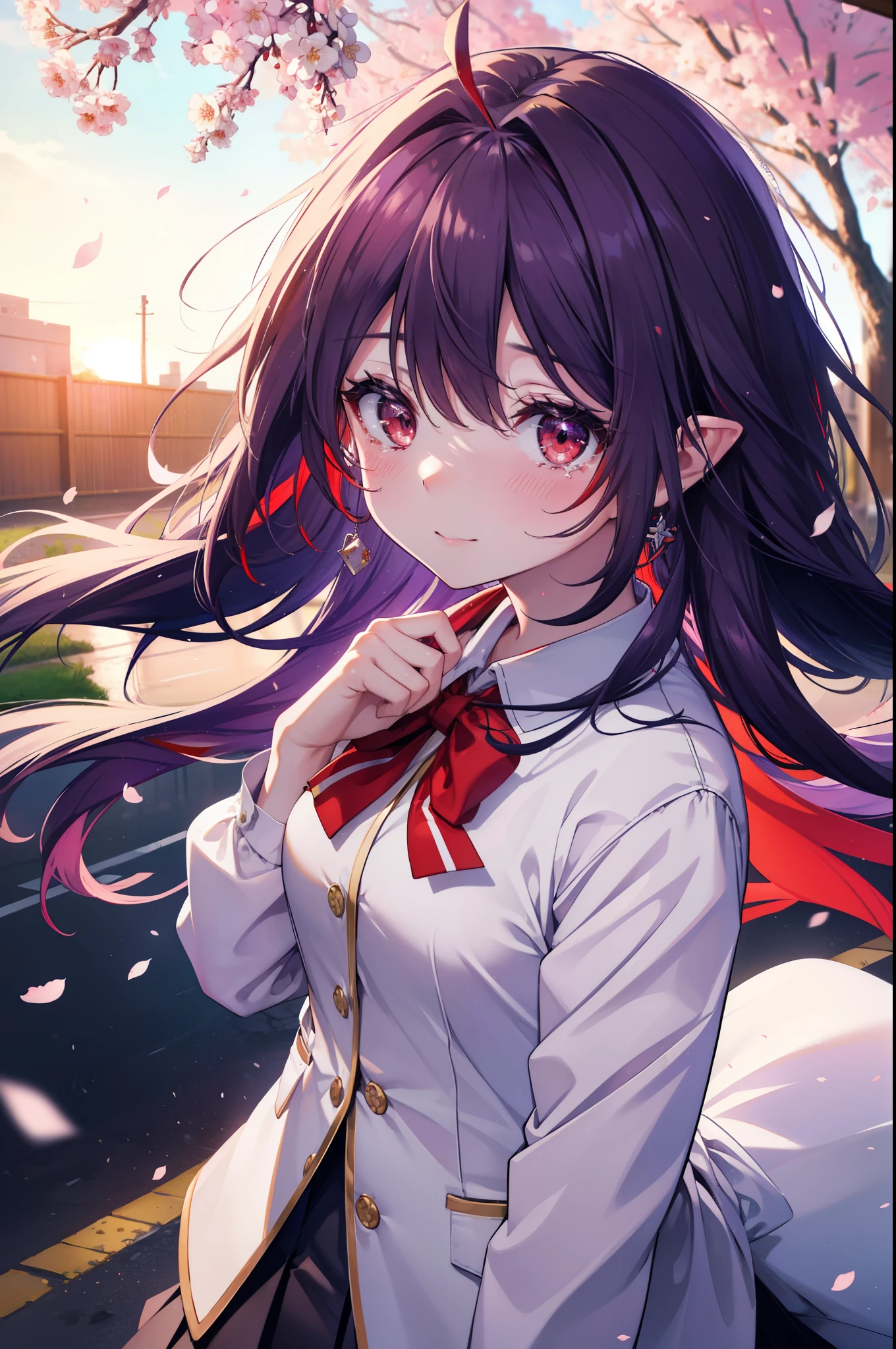 yuukikonno, Yuki Konno, hair band, long hair, pointed ears, purple hair,Ahoge, (red eyes:1.5), (small breasts:1.2), smile,blush,happy atmosphere,
tears run down her face,Crying with joy,
high school uniform,white dress shirt,red ribbon,purple blazer,black pleated skirt,white pantyhose,brown loafers,Cherry blossom tree-lined path,Cherry blossoms are scattered,
break looking at viewer, Upper body, whole body,
break outdoors, School gates,
break (masterpiece:1.2), highest quality, High resolution, unity 8k wallpaper, (figure:0.8), (detailed and beautiful eyes:1.6), highly detailed face, perfect lighting, Very detailed CG, (perfect hands, perfect anatomy),