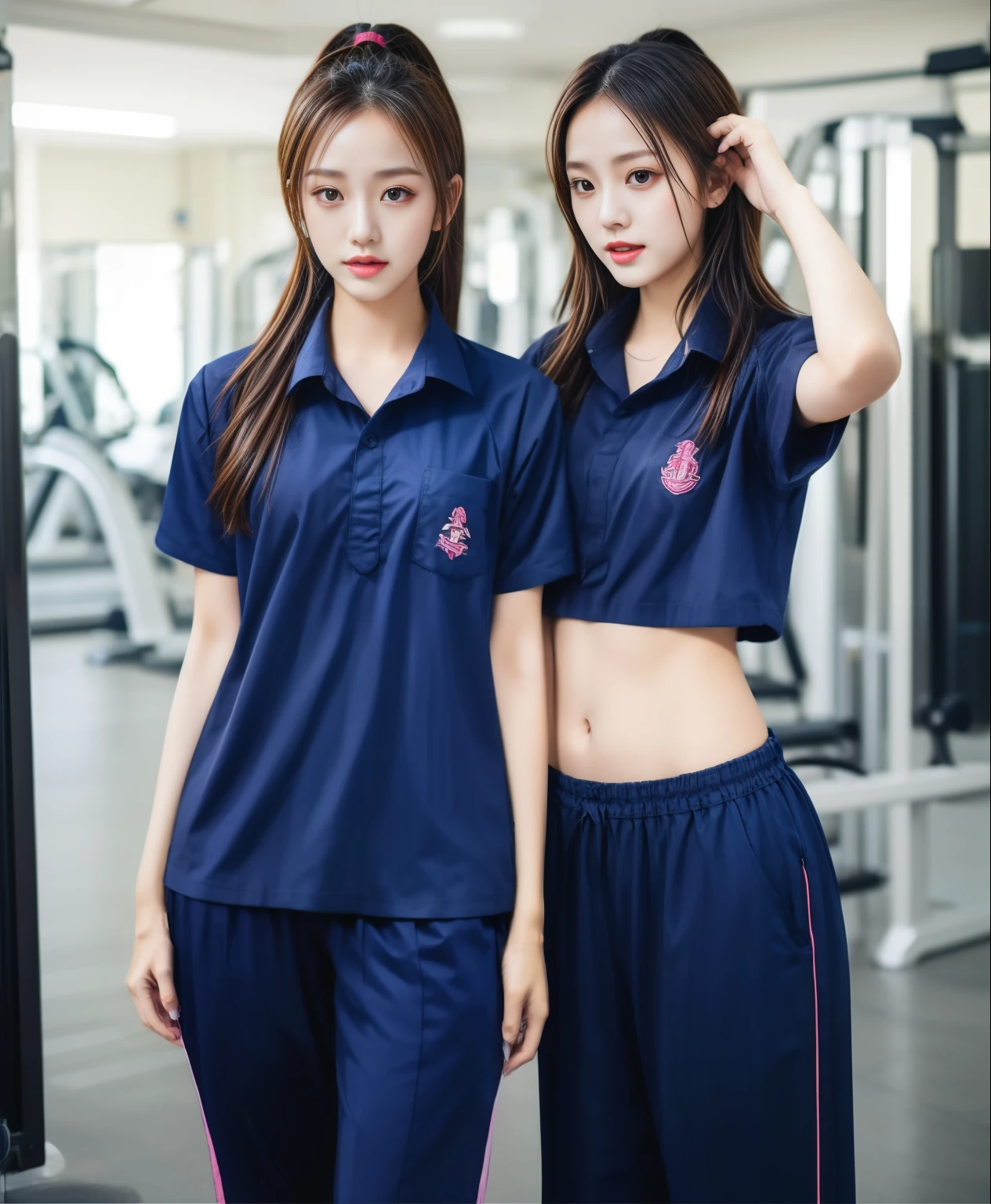 3 girls in fitness center, Navy blue short-sleeved shirt,Navy Long Trackpant,Sweatpants, Long sweatpants,25 year old girl, lesbian, sexy, exercise clothes, wet body, exercise clothes