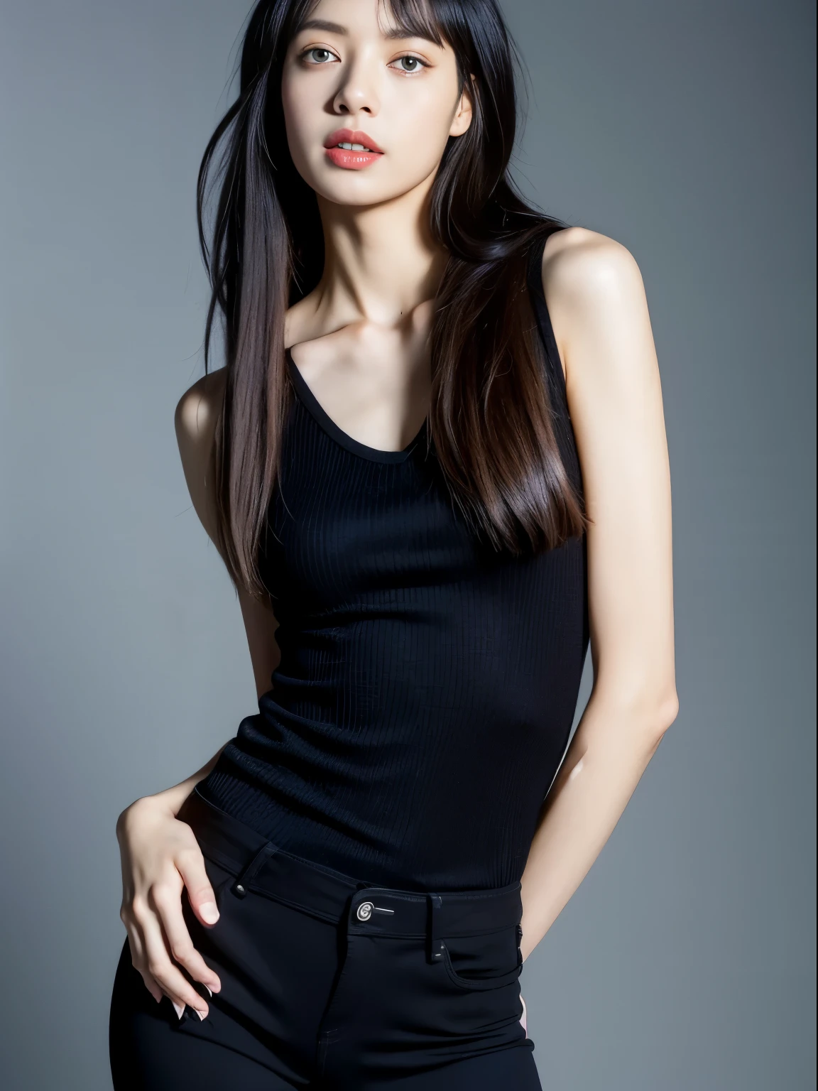Lisa light long hair, Lisa face shape, black vest, Sexy, Naked waist, bare shoulders, black yoga pants, long legs, background gray, masterpiece, superlative, actual, HD, photography lighting, 16k