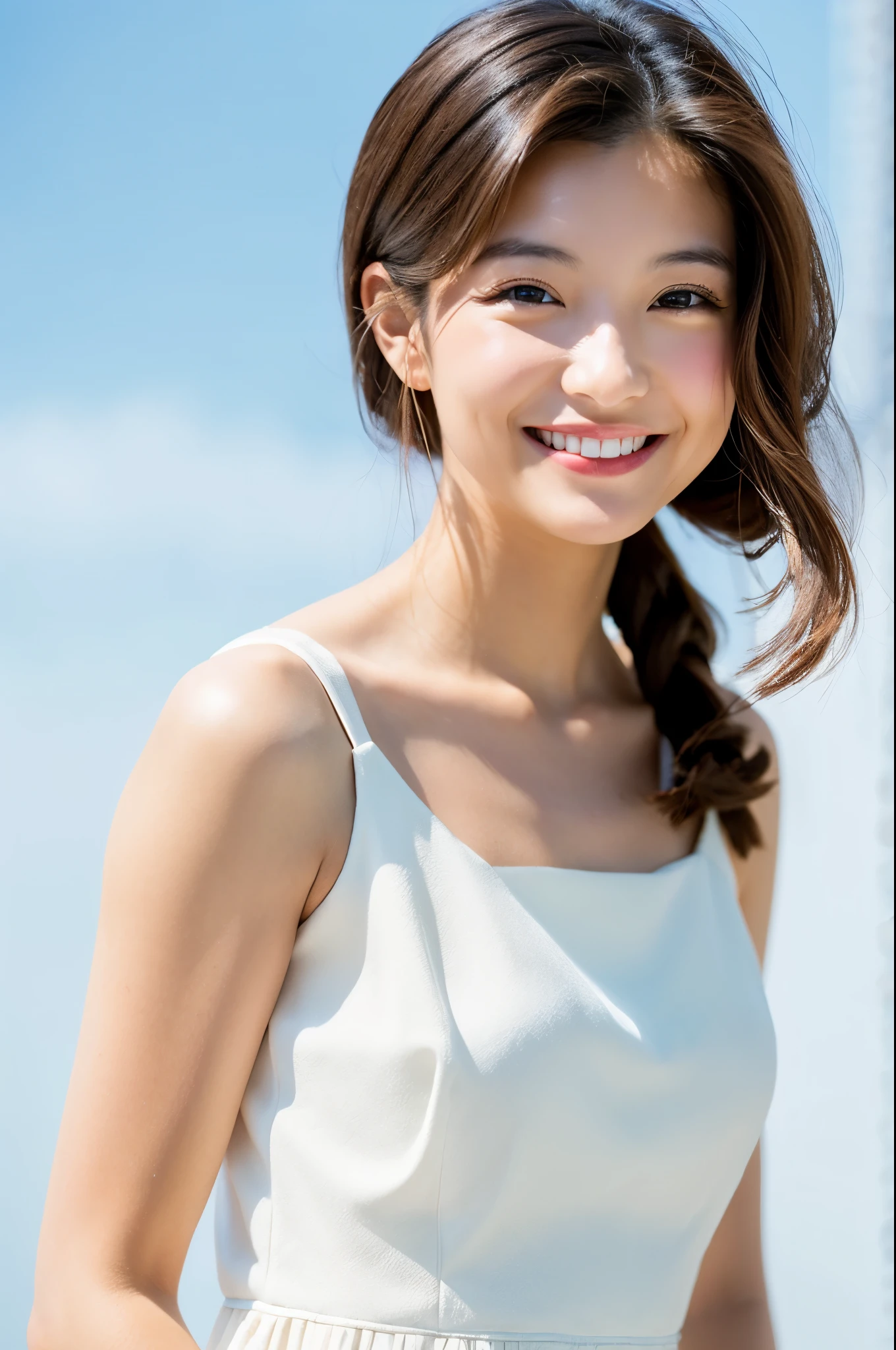 1 girl, 19 years old, alone, long hair, small tit, looking at the viewer, Long light brown hair blown by the wind, bare shoulders, full body, necklace, off shoulder, white sweater, realistic, sexy, autumn colors, mountains in the background々々.