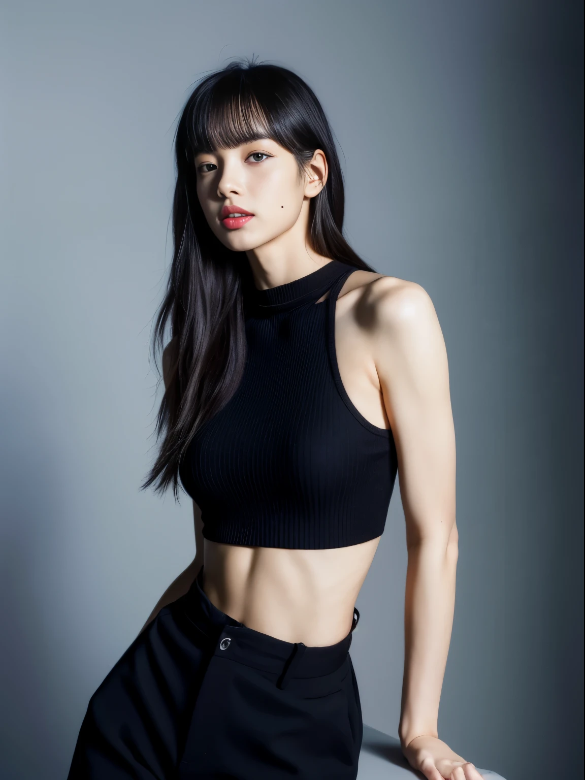 Lisa light long hair, Lisa face shape, black vest, Sexy, Naked waist, bare shoulders, black yoga pants, long legs, background gray, masterpiece, superlative, actual, HD, photography lighting, 16k