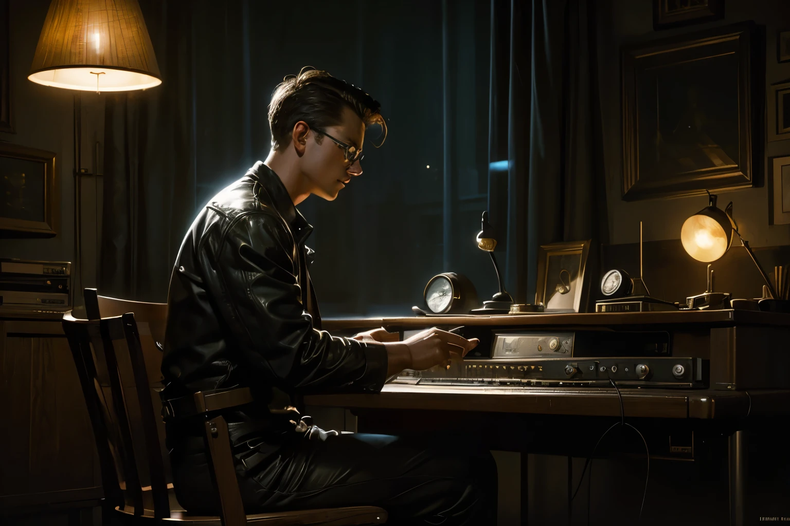 1960s, a dark room, a radio receiver on the table, the dial is glowing, a young man sits on a chair nearby, turning the tuning knob. Oil paints, impasto, Richard Schmidt, Mark Legault, Jeremy Mann.