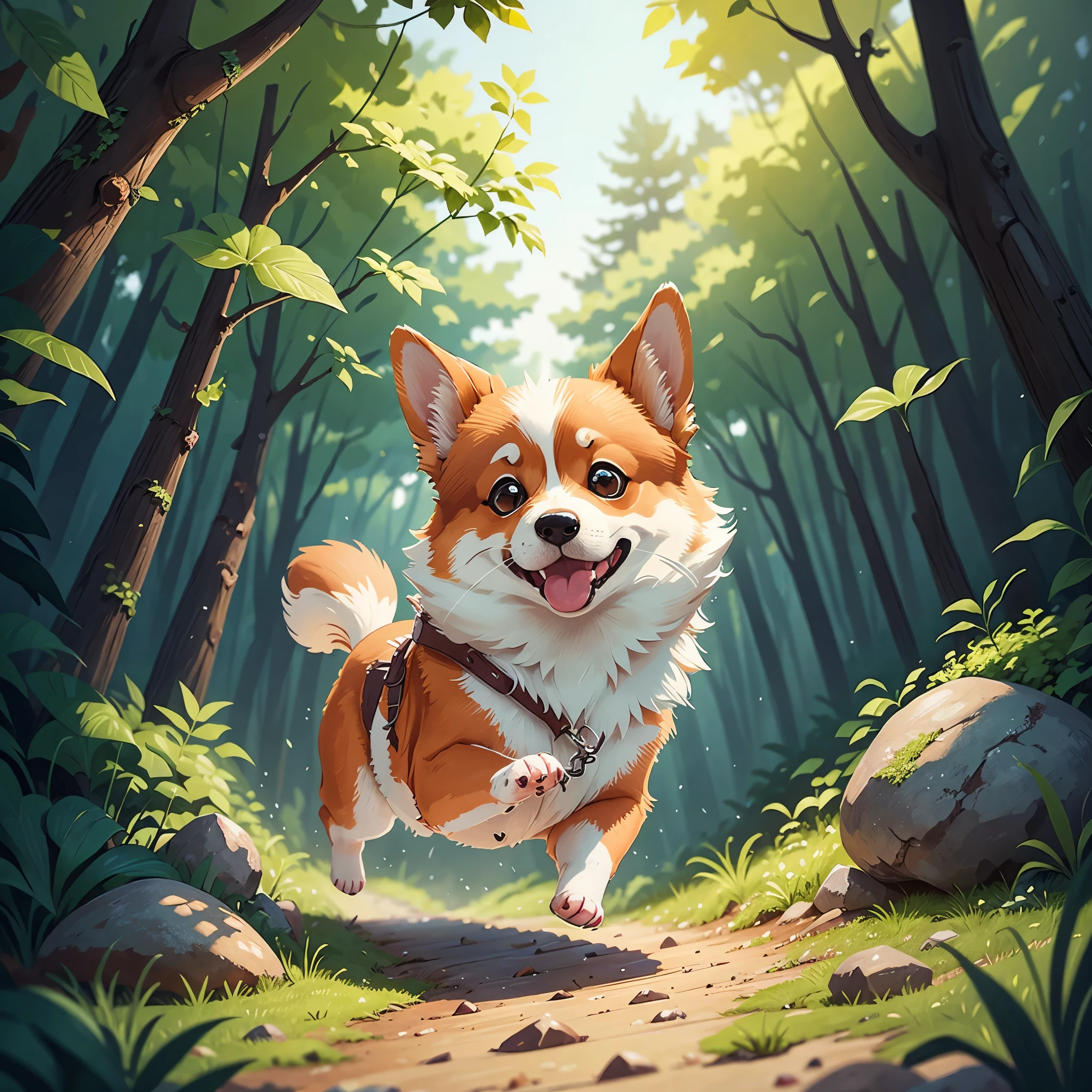close up，Deep in the forest，A corgi runs towards the stone