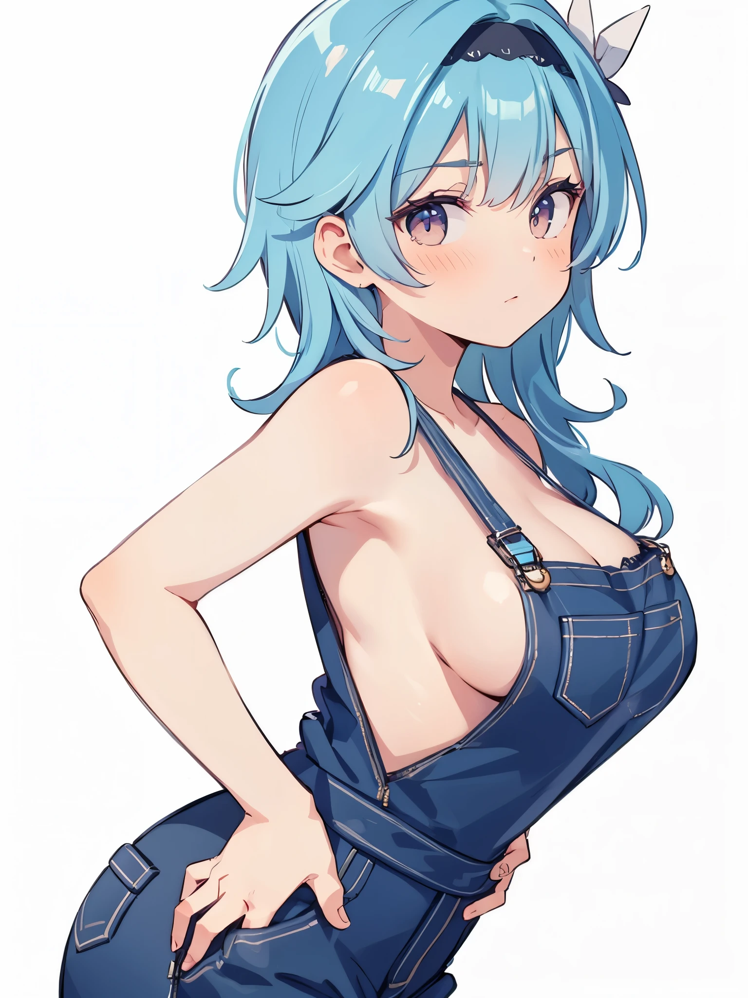 from side, leaning forward, nude, Overalls, dungarees, side boob, big breasts, big head, ;q, white background,