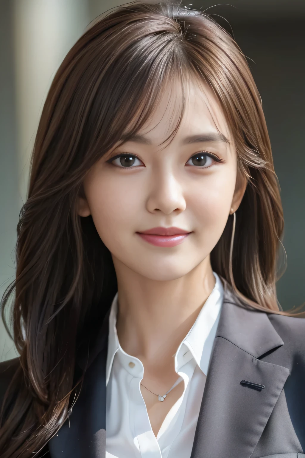 masutepiece, Best Quality, Photorealistic, Ultra-detailed, finely detail, High resolution, 8K Wallpaper, 1 beautiful woman,, light brown messy hair, in a business suit, sharp focus, Perfect dynamic composition, Beautiful detailed eyes, detailed hairs, Detailed realistic skin texture, Smiling, Close-up portrait, Model body type