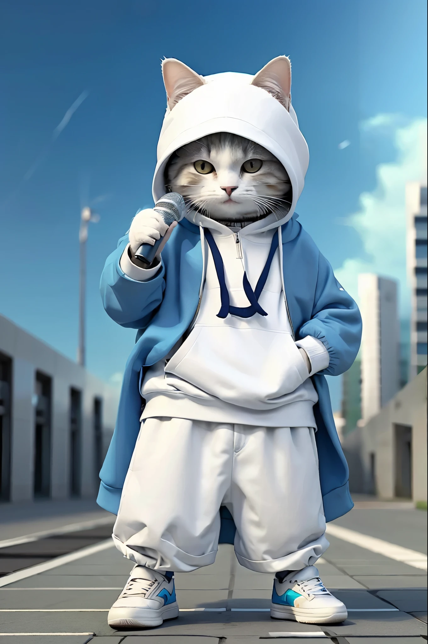 a cute  cat, Wearing a casual suit with a blue hood, White sneakers, Sad expression, Cute digital illustration art, tmasterpiece, best quality, sad cat, carrying a Palestinian flag, with a microphone beside him, Abstractionism