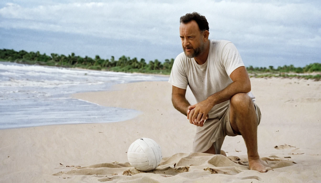film "cast away", Tom Hanks is in very bad condition, he has hardly eaten for 6 months and he is very thin, he has a months-old beard and disheveled hair, sitting in front of a bonfire while talking with his friend Wilson, the volleyball player who accompanies him in his loneliness, shipwrecked.