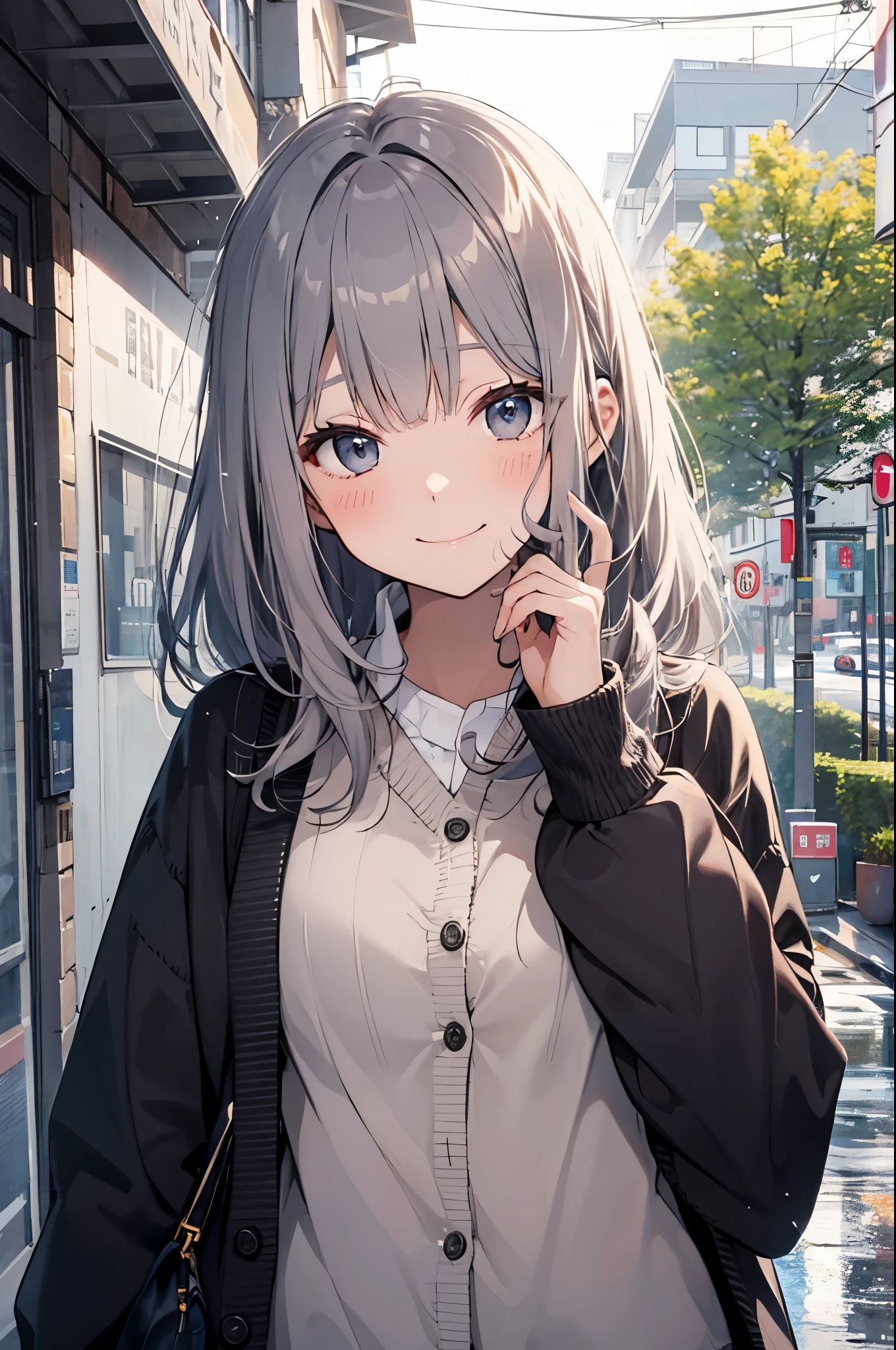 (Pretty sister:1.3)、happy face,spring atmosphere、cardigan、Daytime、hot、way to school、gray hair、rain、university student