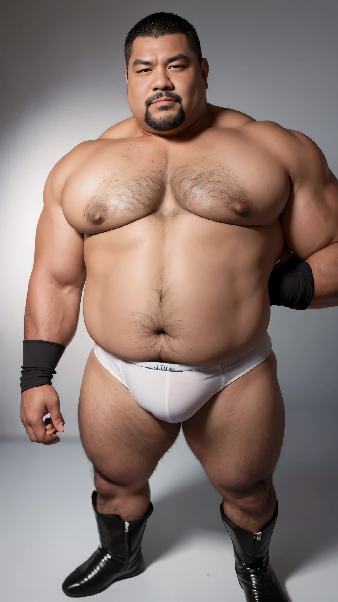 black hair, middle-aged man, individual, male, Muscular wrestler, muscular, Stout wrestler, Asian, Japanese, uncle, 55 year old middle-aged man, short hair, short hair, white wrestling boots, full body portrait, shadow, Vision, white briefs, obesity, 45 years old, short beard, middle-aged man, tattoo, fingerless gloves, Wheat skin, shiny skin, dark skin, Show your pectoral muscles, sumo wrestler, bodybuilder, wide temples, Visible abdominal muscles, Smile, Fine hands, solid color background, pure white background, knee pad, black knee pads, Surrealism, Panorama, 8k, super detail,black knee pad,(knee pad :4)